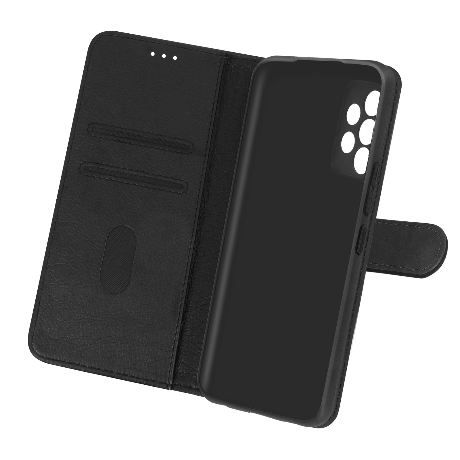 Étui de téléphone noir ouvert pour révéler le téléphone. Le côté gauche a des fentes pour cartes. Fond blanc.