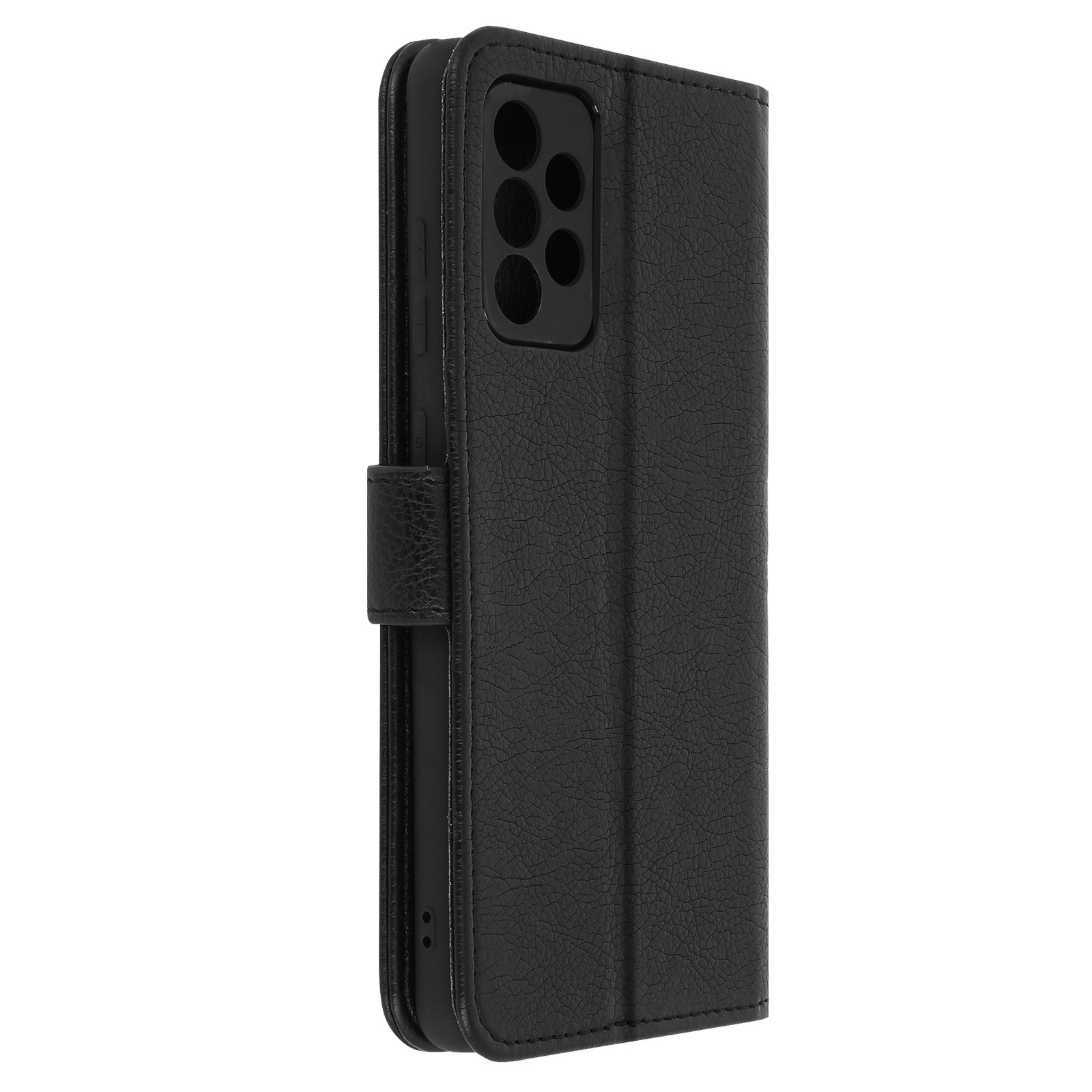 Étui de téléphone noir, semblable au cuir. L'étui comporte plusieurs découpes pour la caméra et une fermeture magnétique.