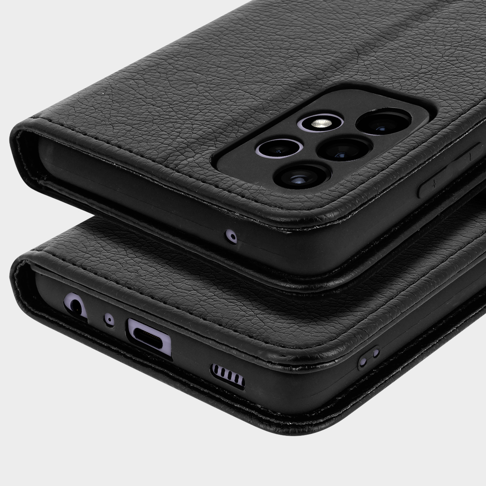 Coque de téléphone noire avec surface texturée, montrant la zone de la caméra.