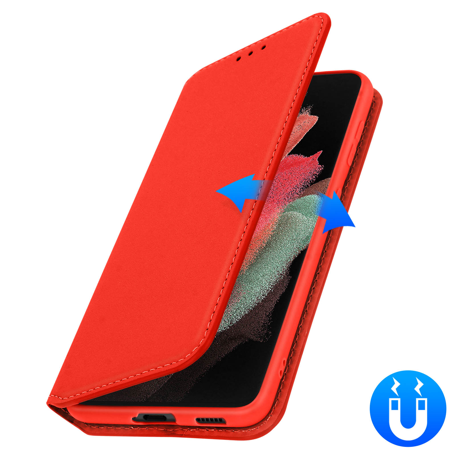 Custodia rossa per telefono aperta, mostra un telefono all'interno. Frecce blu al telefono, icona magnete.