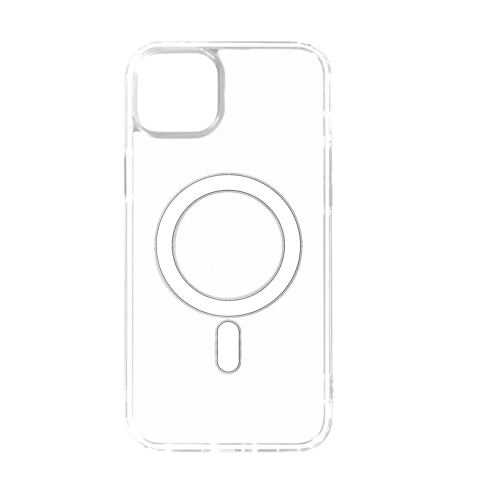Transparante telefoonhoes met een cirkelvormig magnetisch ontwerp en een camera-uitsparing.
