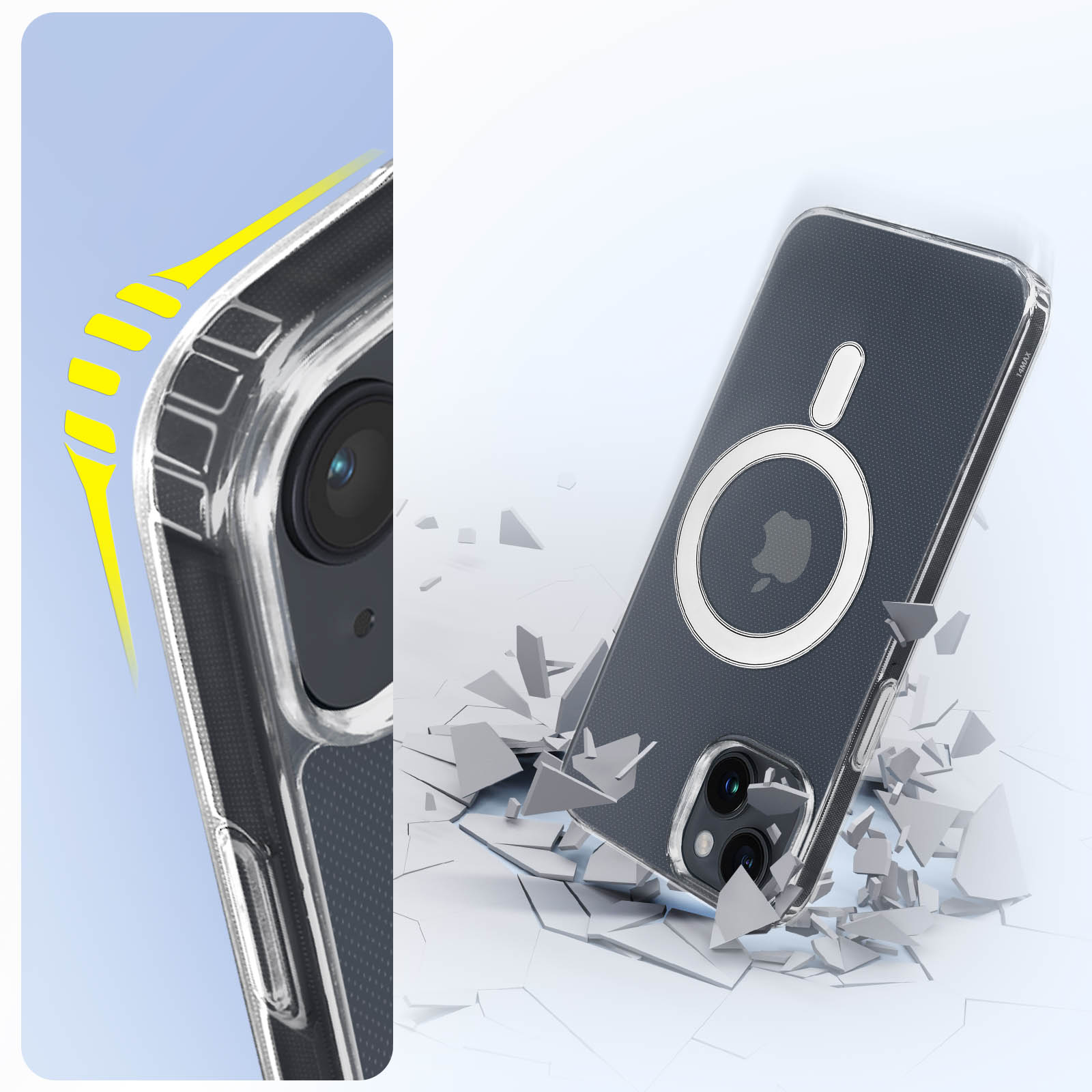 Een telefoonhoesje, met een magneet, valt en breekt de grond.