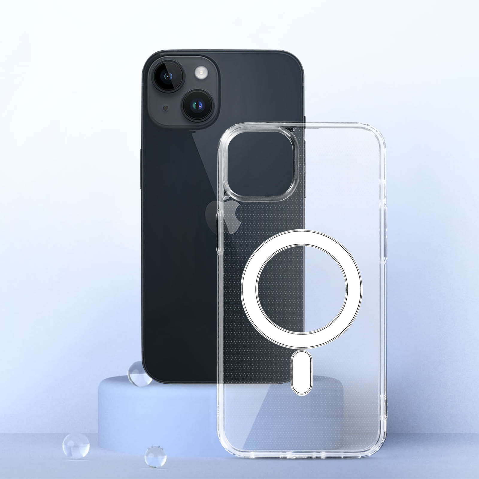 Een doorzichtige telefoonhoes op een blauw standaard met een telefoon erachter. De hoes heeft een witte cirkel.