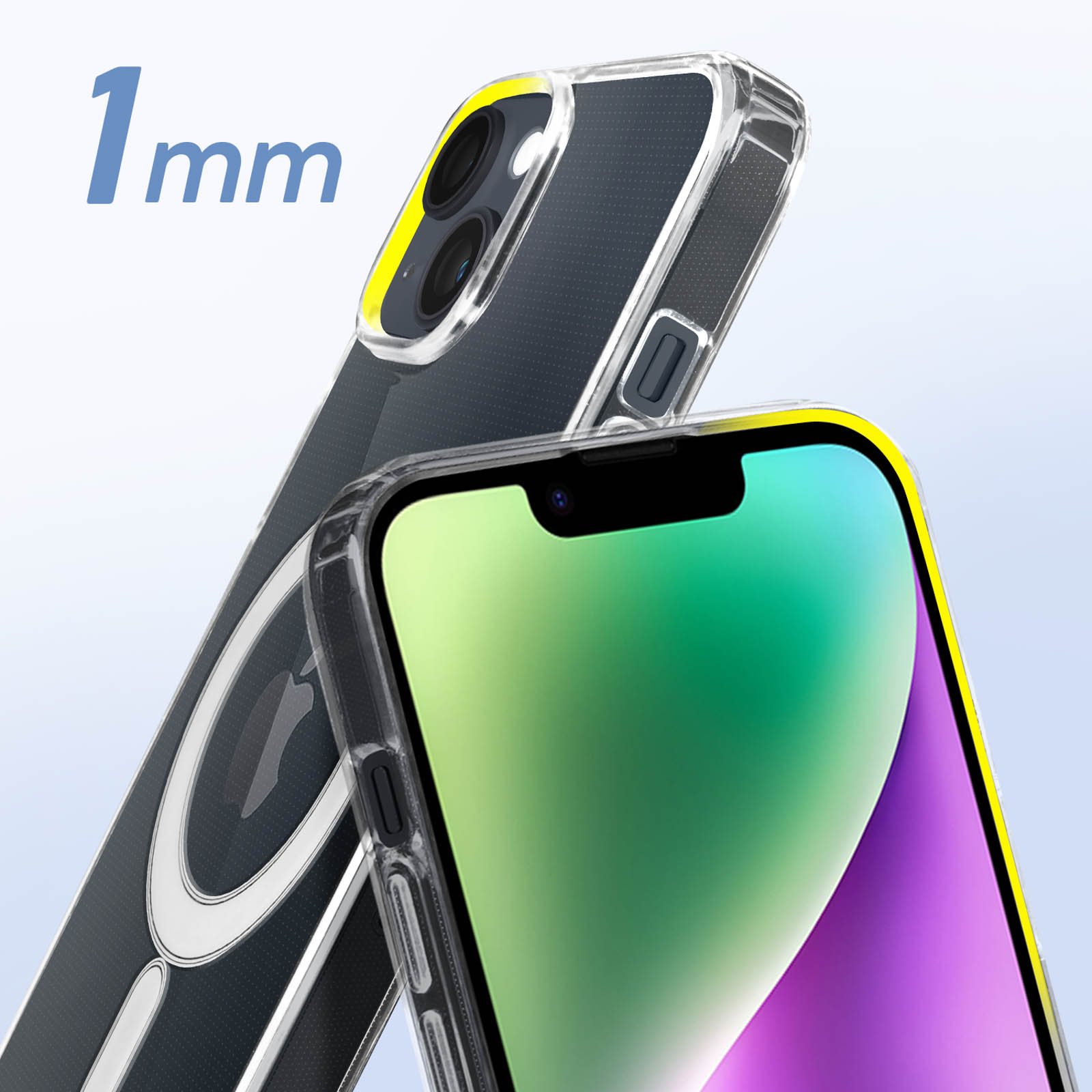 Un téléphone avec une coque transparente, avec une bordure jaune et un fond bleu.