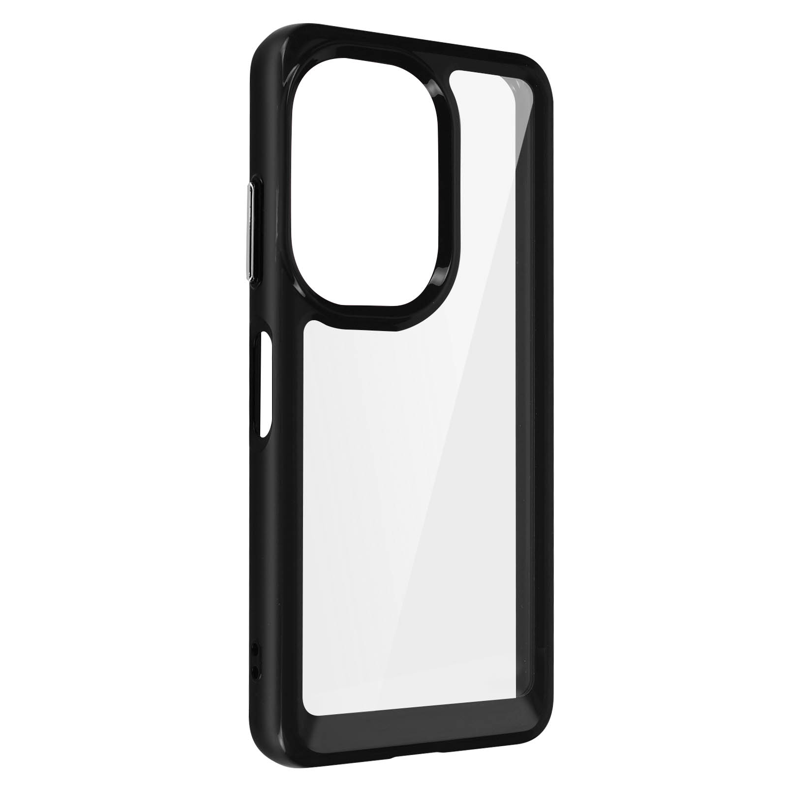 Zwarte telefoonhoes met een doorzichtige achterkant. De hoes heeft een zwart frame. De achterkant is transparant.
