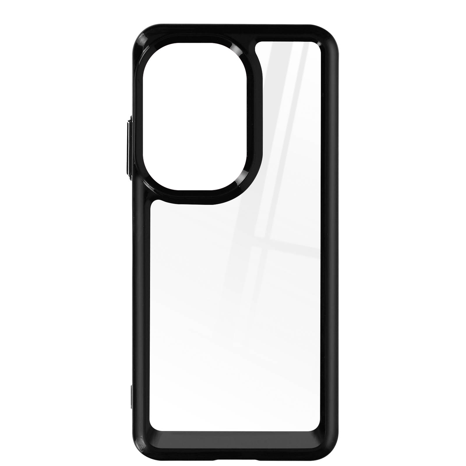 Een zwarte telefoonhoes met een helder venster voor de camera.