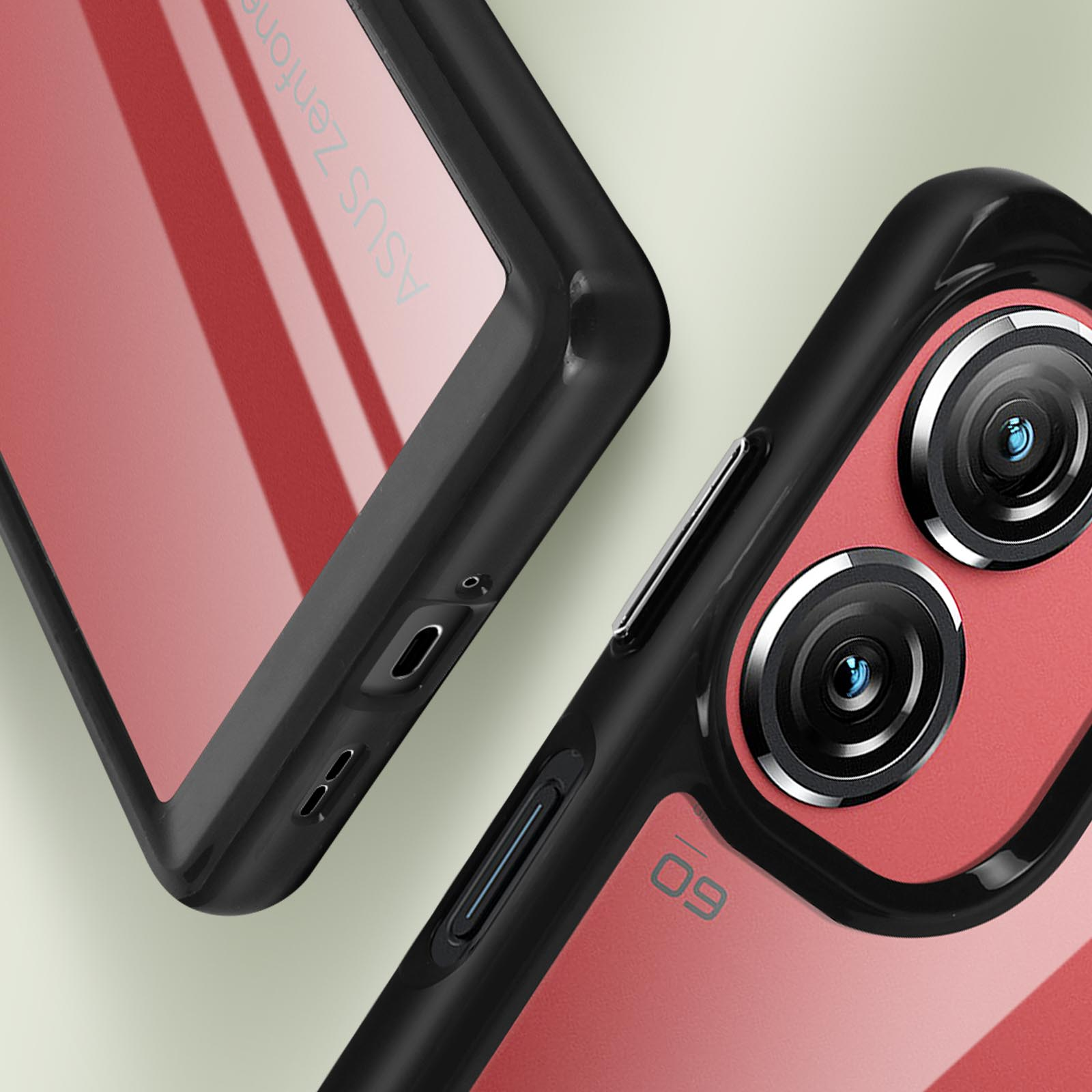 Close-up van een telefoonhoesje, met de camera en telefoondetails.