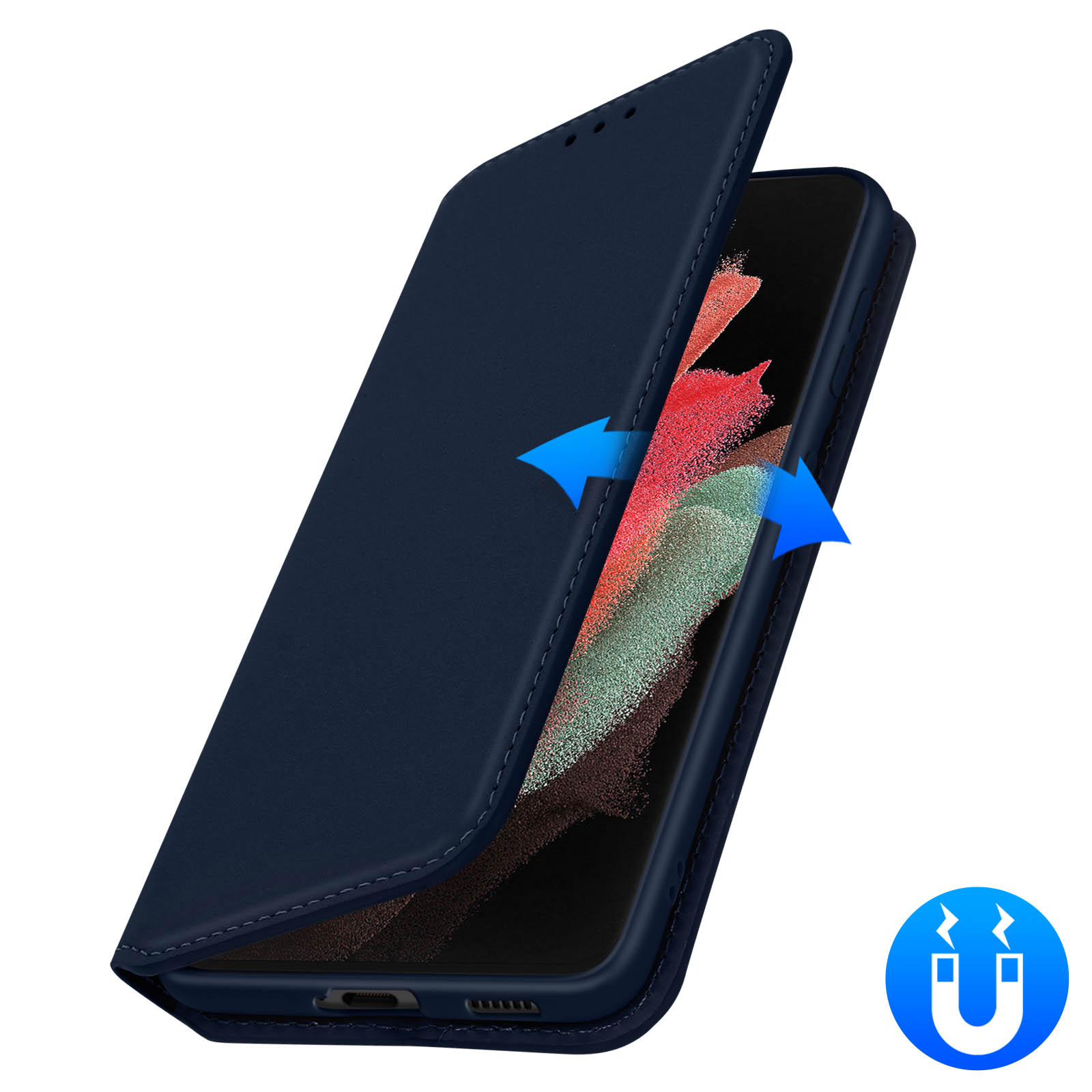 Una custodia blu per telefono è aperta, rivelando un telefono. Frecce blu puntano verso il telefono. Un'icona di magnete è visibile.
