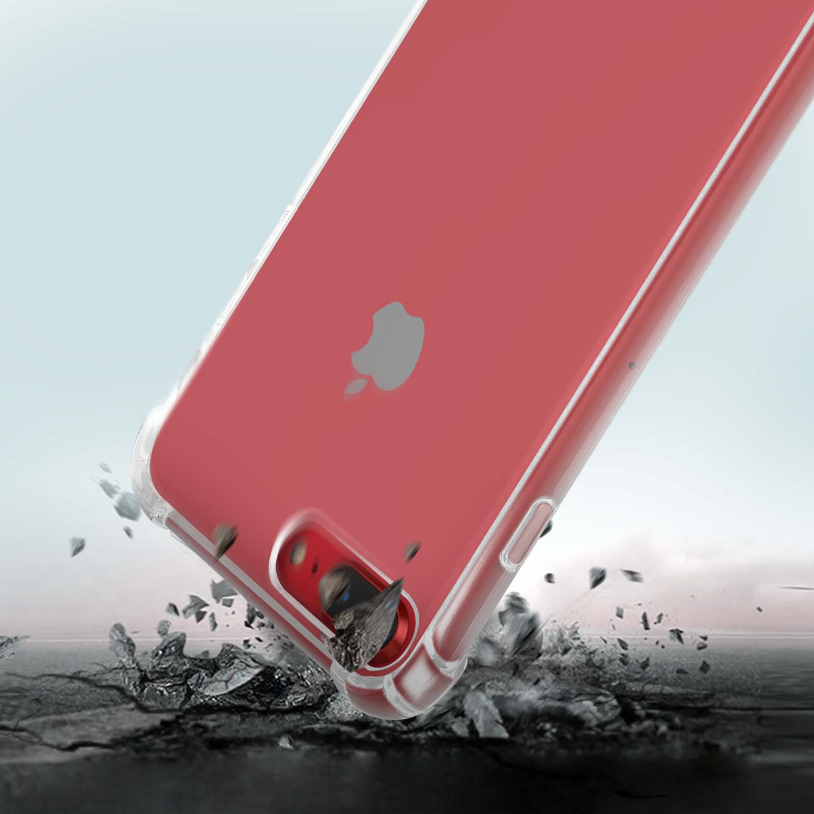 Custodia per telefono rossa con bordo trasparente, foro per la fotocamera e logo Apple. Lo sfondo è blu.