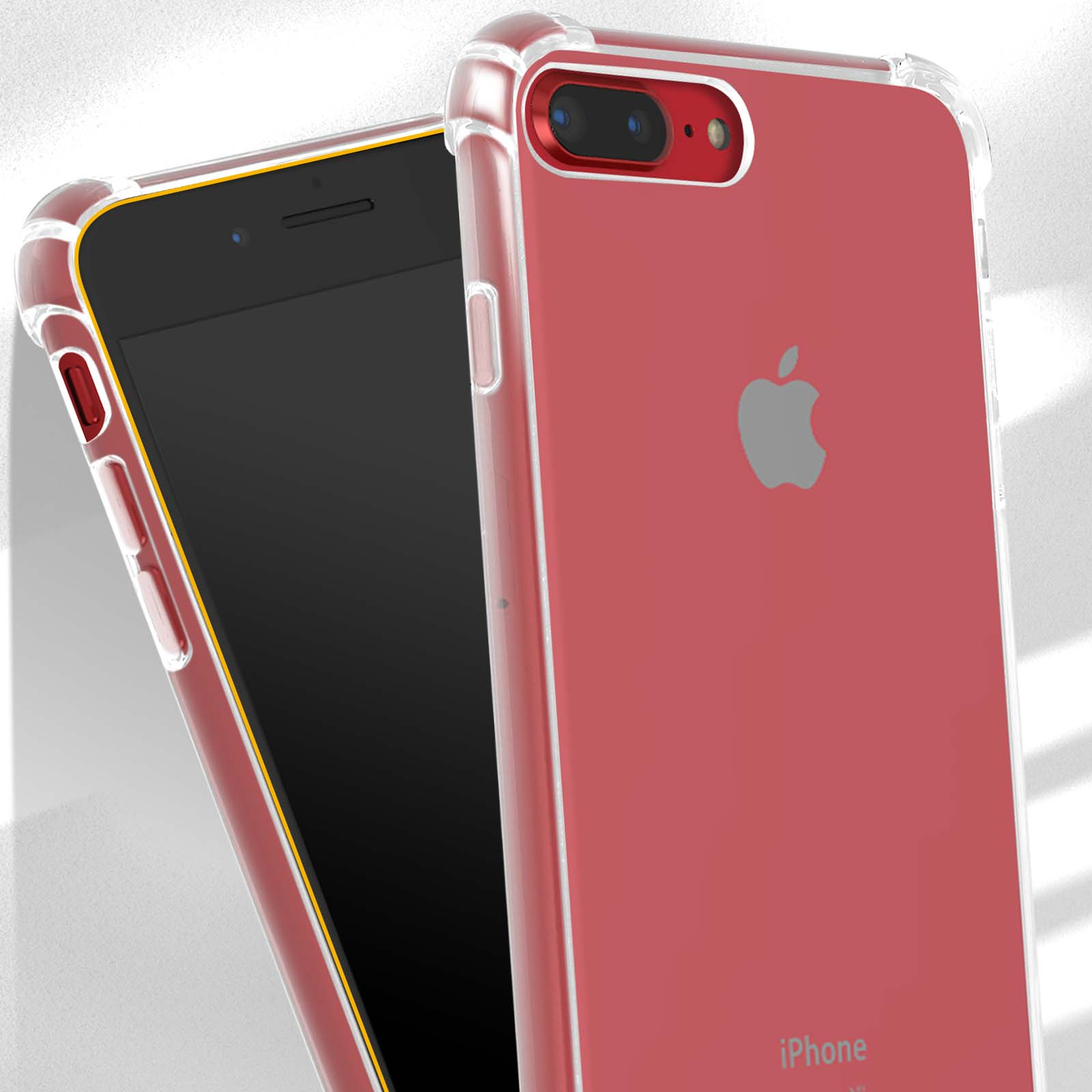 iPhone rosso in custodia trasparente. Mostra la fotocamera e il logo Apple. Sfondo bianco.