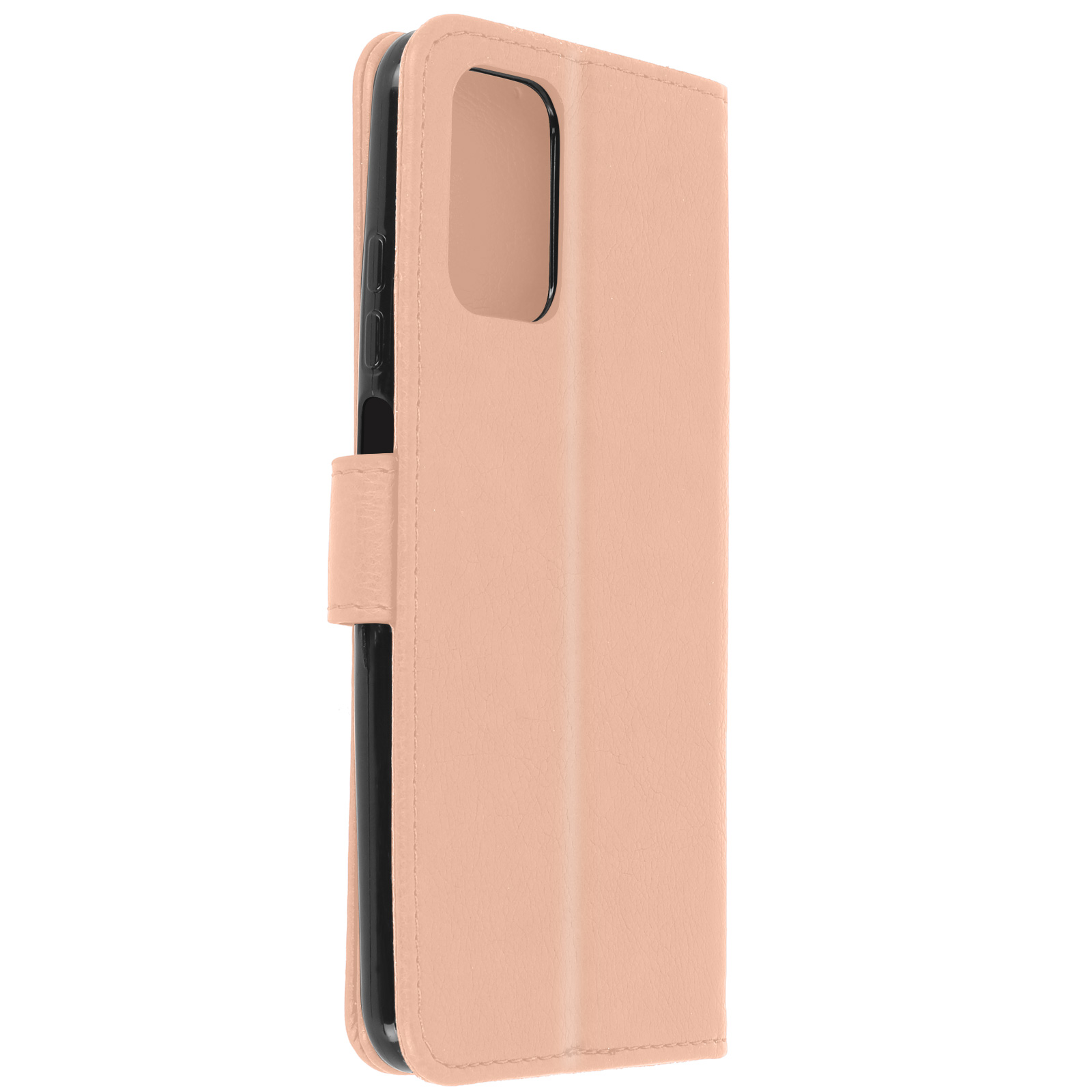 Funda de teléfono rosa con solapa. Está cerrada y de pie. El fondo es blanco.