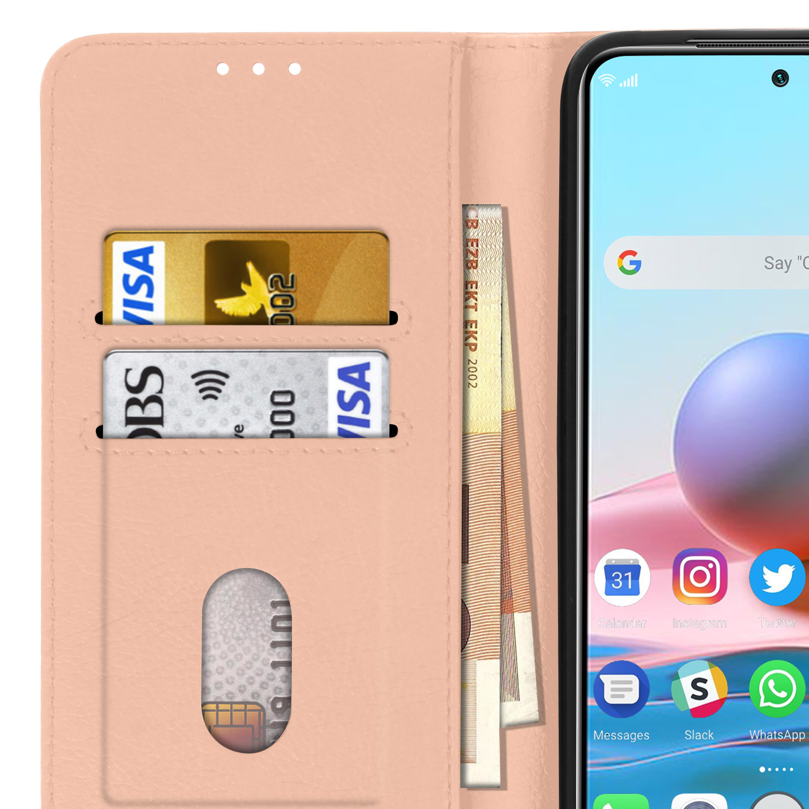 Funda rosa para teléfono con tarjetas y dinero dentro. El teléfono muestra iconos de aplicaciones.
