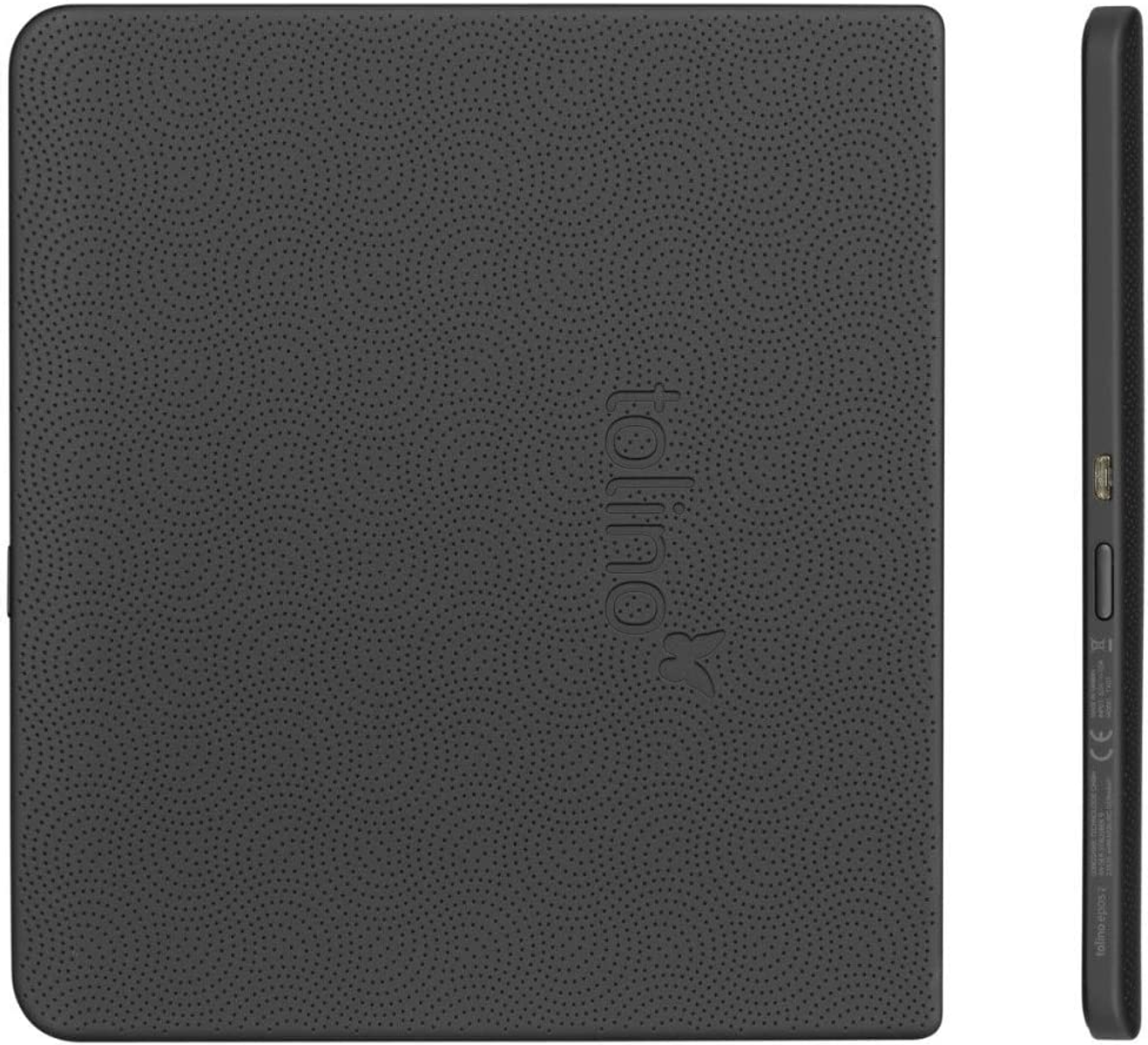 Schwarzes Tablet mit gepunkteter Textur auf der Rückseite und Seitenansicht mit Ladeanschluss.