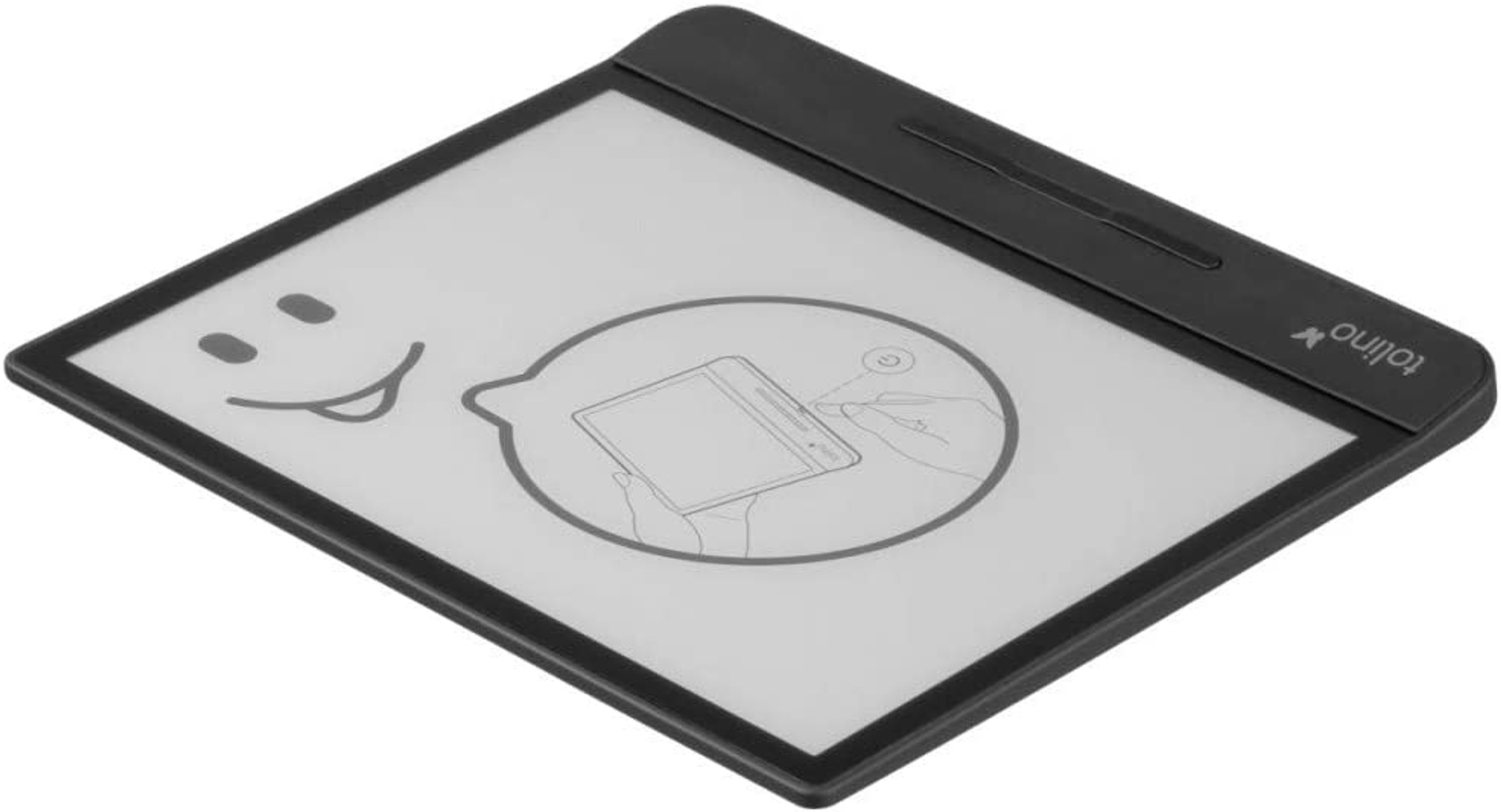 Schwarzer E-Reader mit einem lächelnden Gesicht. Der Bildschirm zeigt die Nutzung des Geräts mit einem Stift.