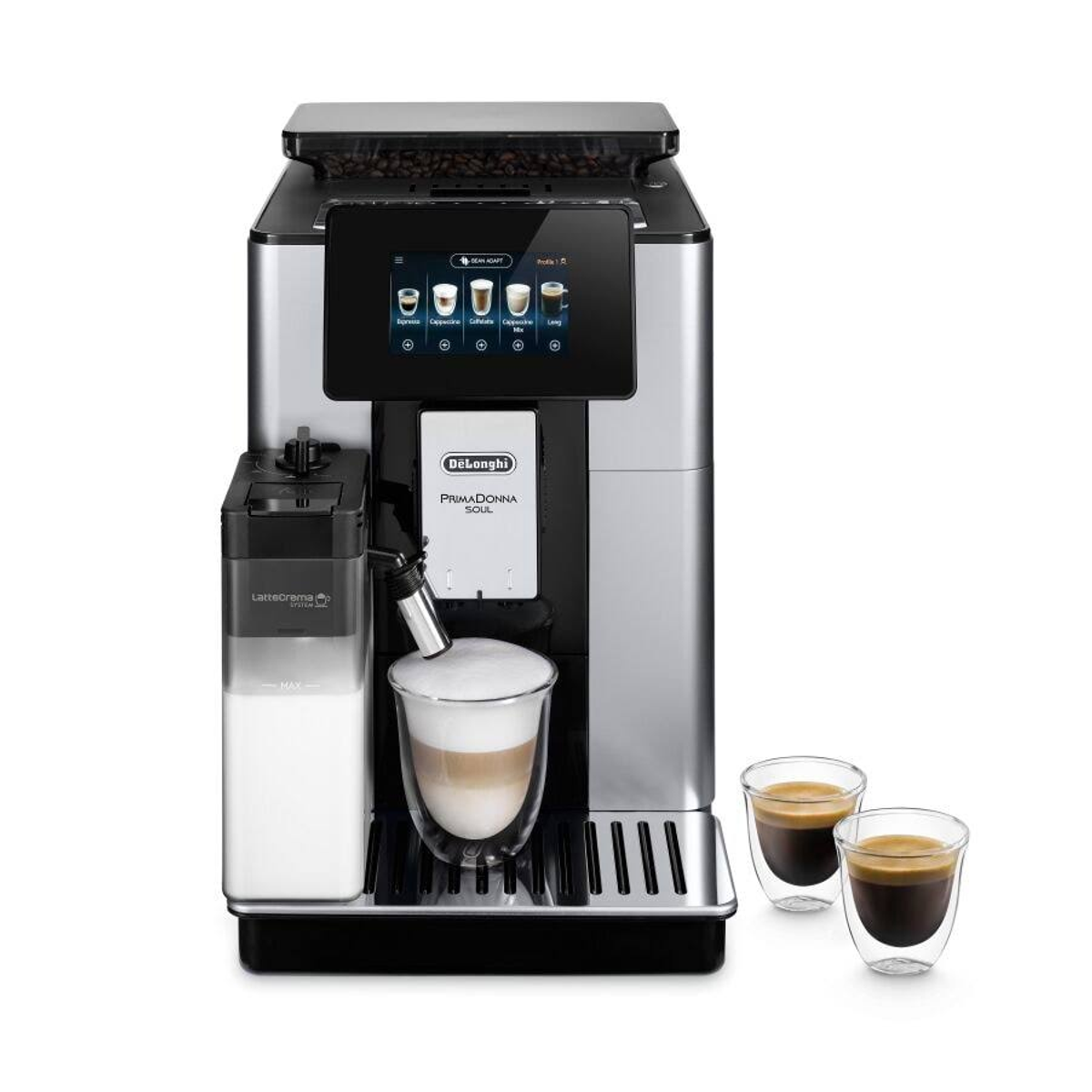 Una macchina da caffè DeLonghi PrimaDonna Soul argento e nera, con due bicchieri di caffè e un latte.