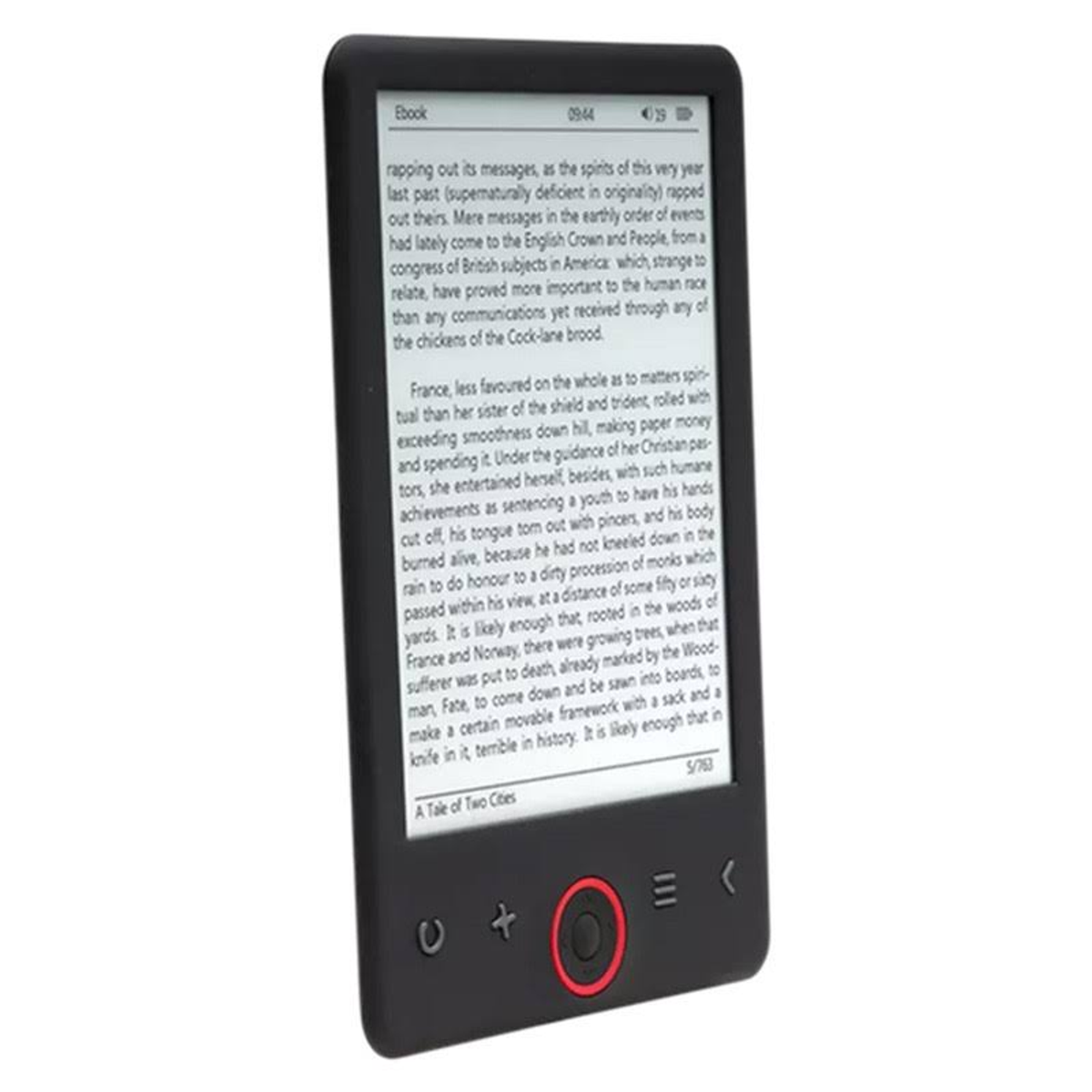 Czytnik ebooków wyświetlający tekst z 'Opowieści o dwóch miastach'. Przyciski na dole.