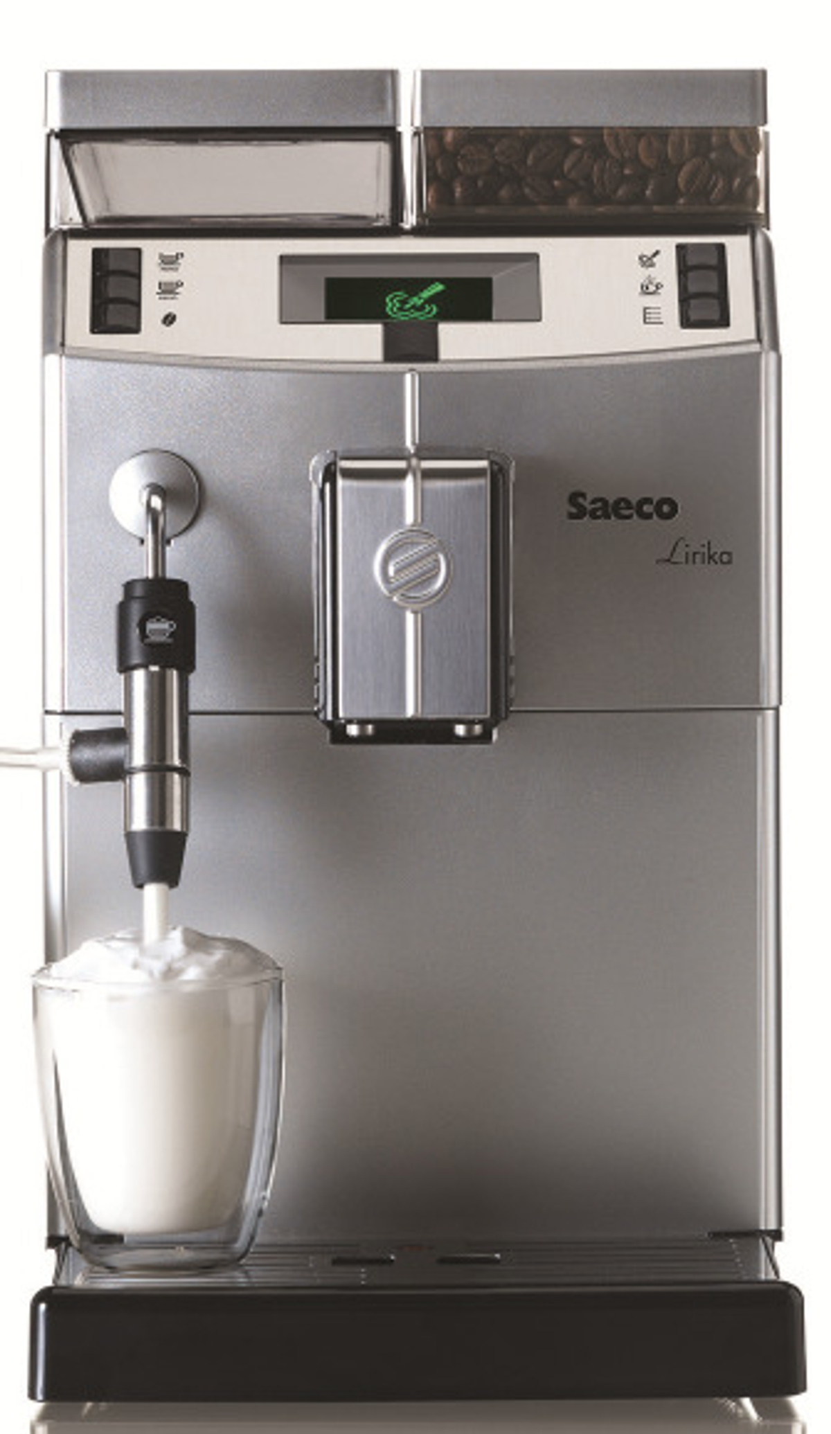 Máquina de espresso Saeco Lirika. Cuerpo plateado, boquilla dispensadora y espumador de leche. Vaso.