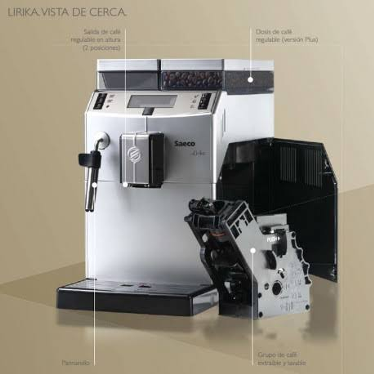 Máquina de espresso Saeco. Tiene un grupo de café y un contenedor de granos. Etiquetas de texto presentes.