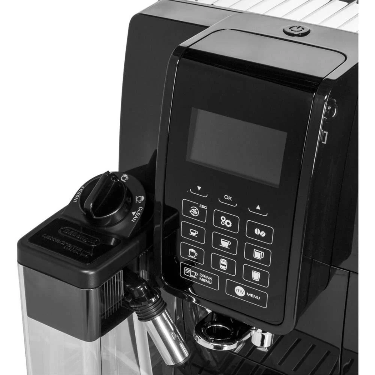 Primo piano del pannello di controllo di una macchina da caffè nera. Mostra schermo e pulsanti.