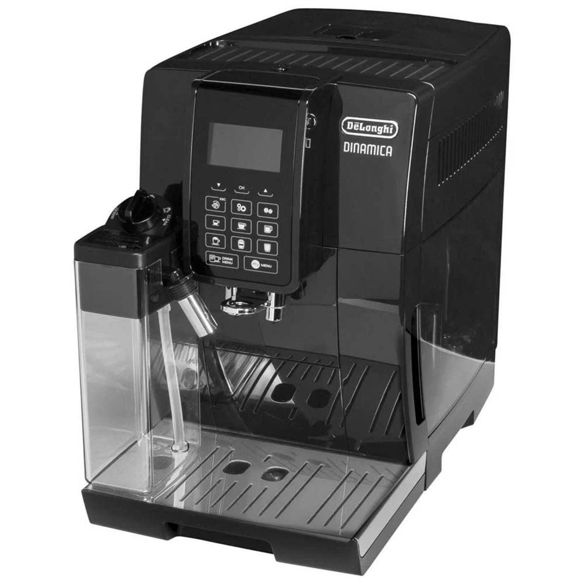 Macchina per espresso nera con pulsanti e un serbatoio dell'acqua laterale.
