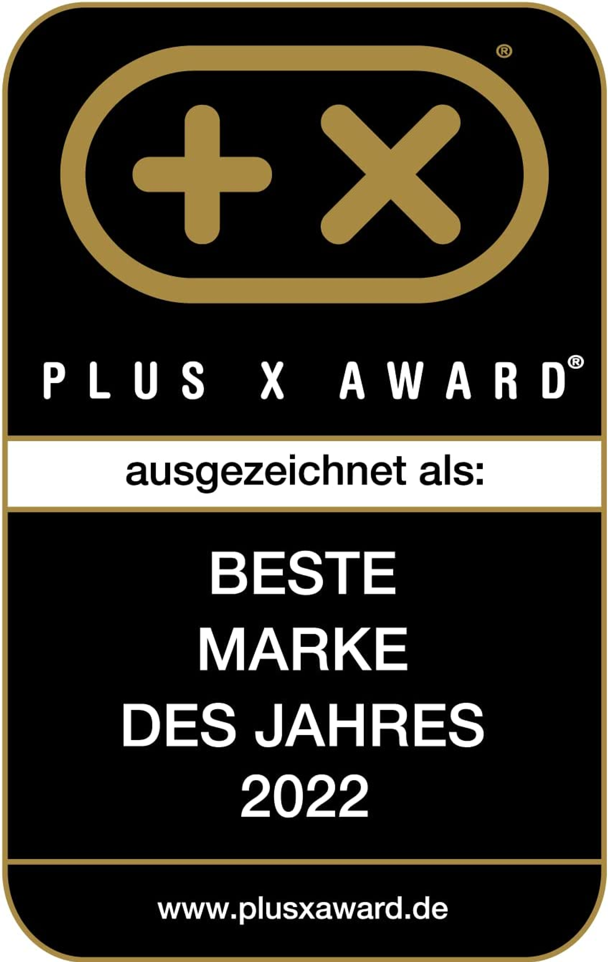 Plus X Award logo. The text says: Best Brand of the Year 2022.