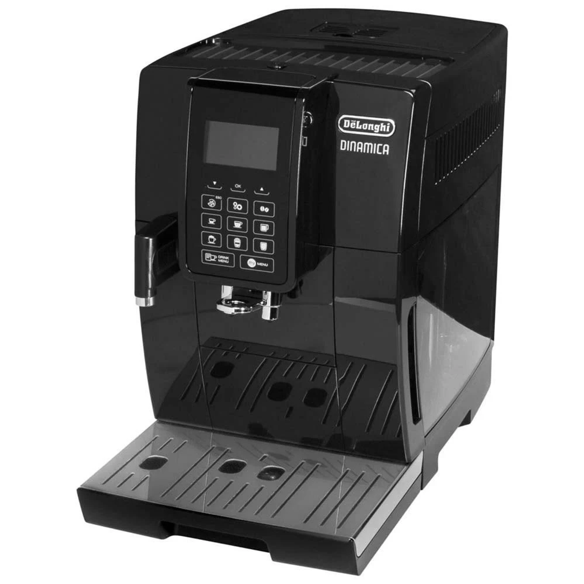 Macchina per espresso DeLonghi Dinamica nera. Ha un display e diversi pulsanti. Poggia su un vassoio antigoccia grigio.
