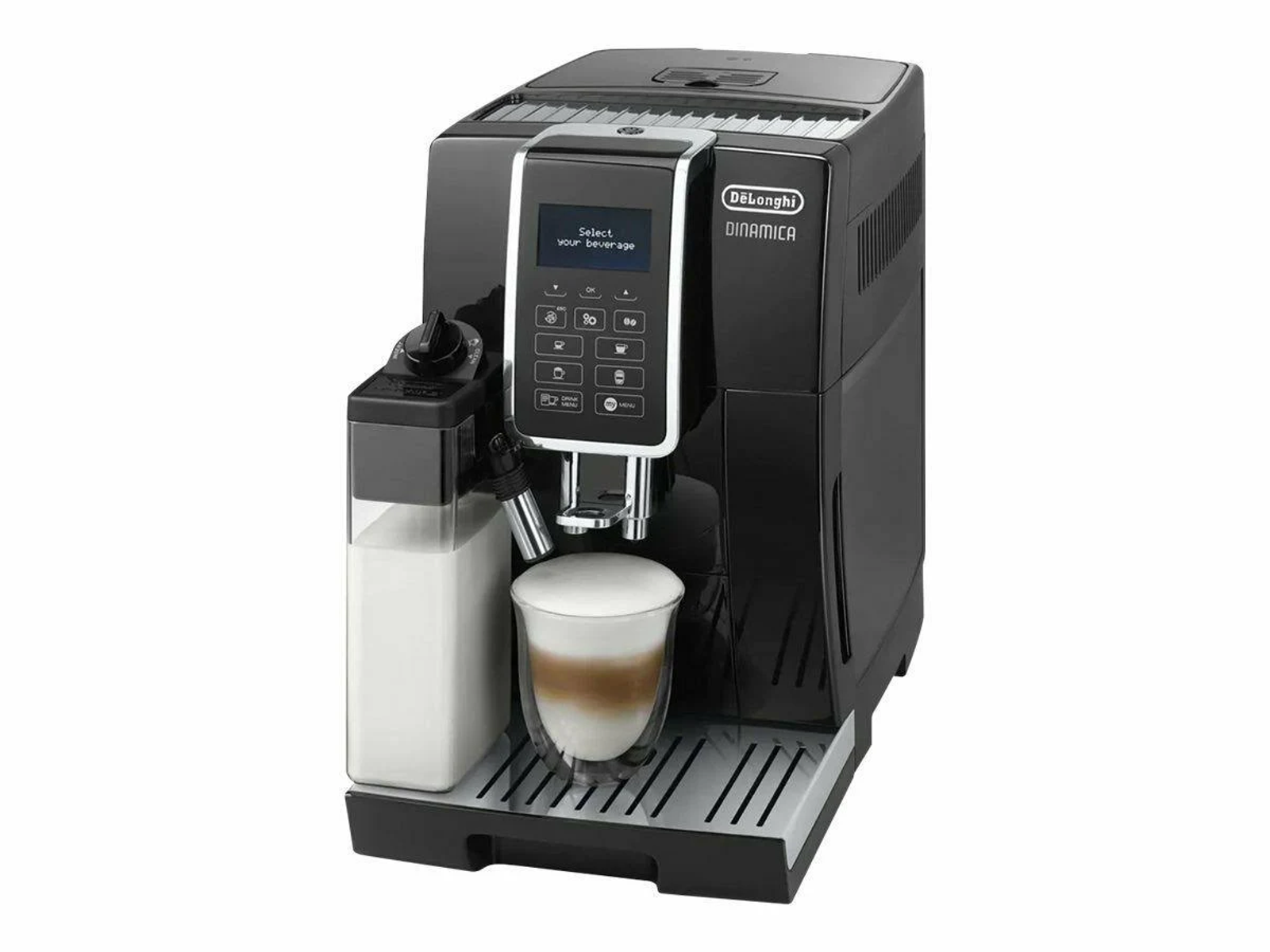 Macchina per espresso DeLonghi nera con bicchiere di latte. Contenitore del latte a sinistra. Sfondo bianco.