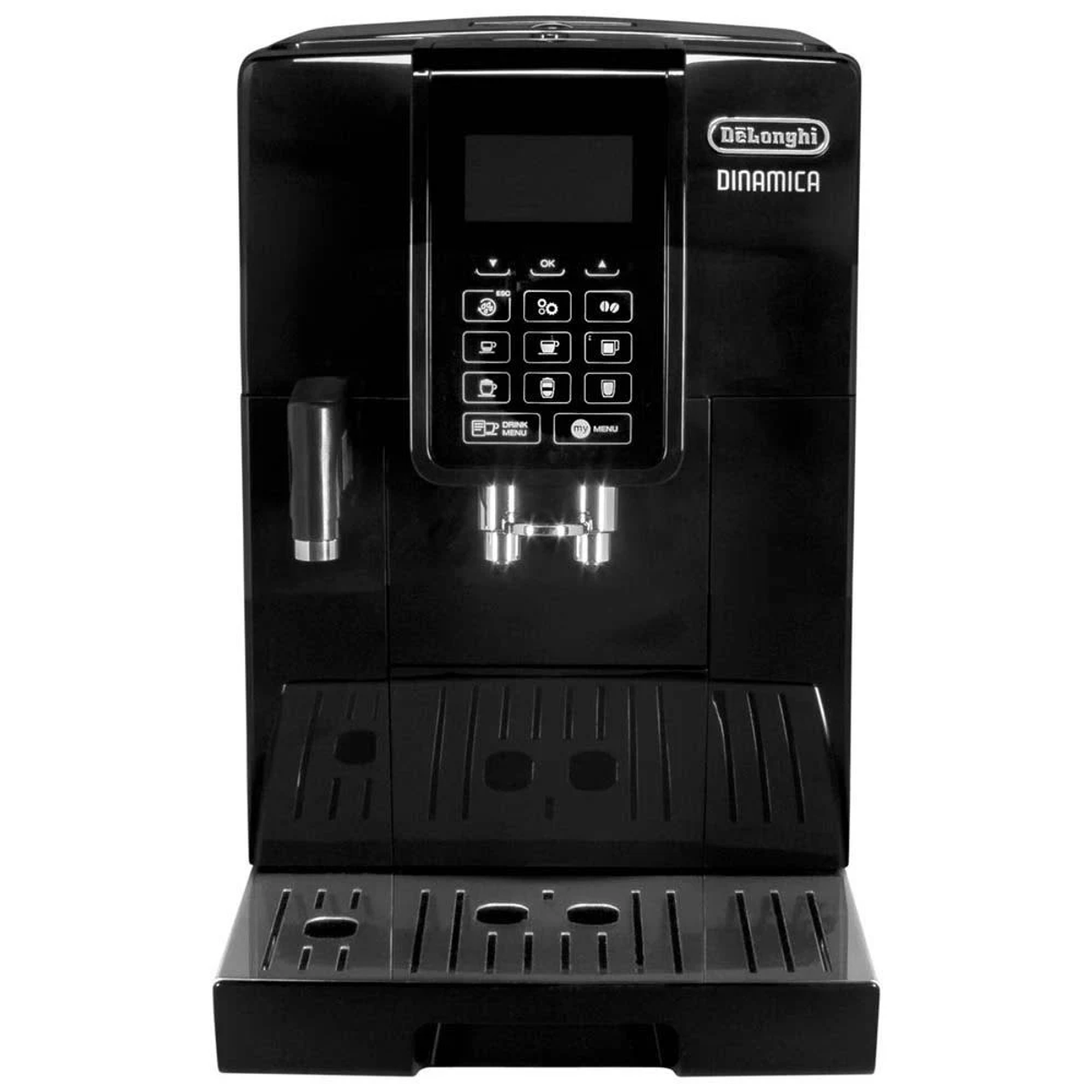 Una macchina per espresso DeLonghi Dinamica nera. Ha uno schermo con pulsanti per diverse opzioni di bevande.