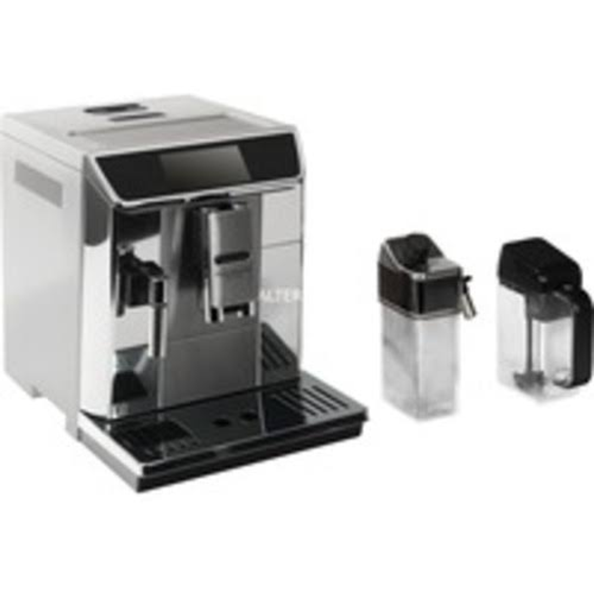 Macchina da caffè argento e bianca con due contenitori d'acqua rimovibili.