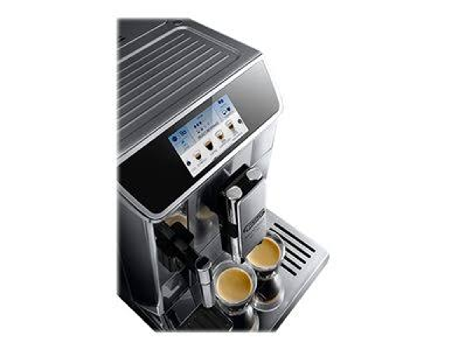 Primo piano di una macchina da caffè DeLonghi argento e nera con due tazze di caffè.