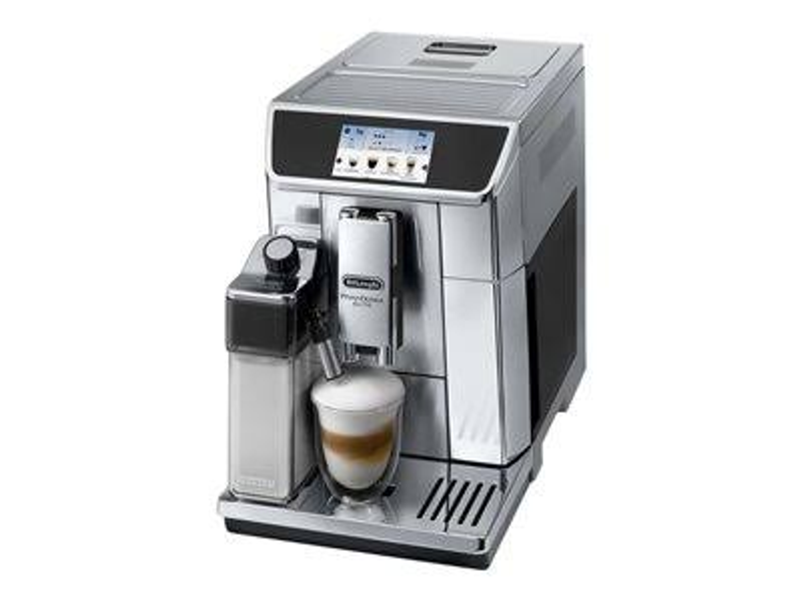 Una macchina da caffè argentata con un bicchiere di latte macchiato.