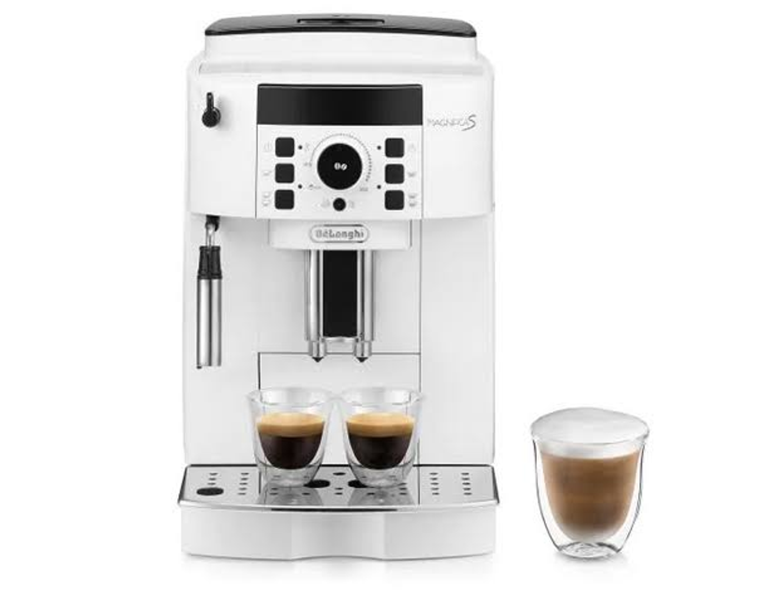 Biały ekspres do kawy z dwiema filiżankami espresso i cappuccino.