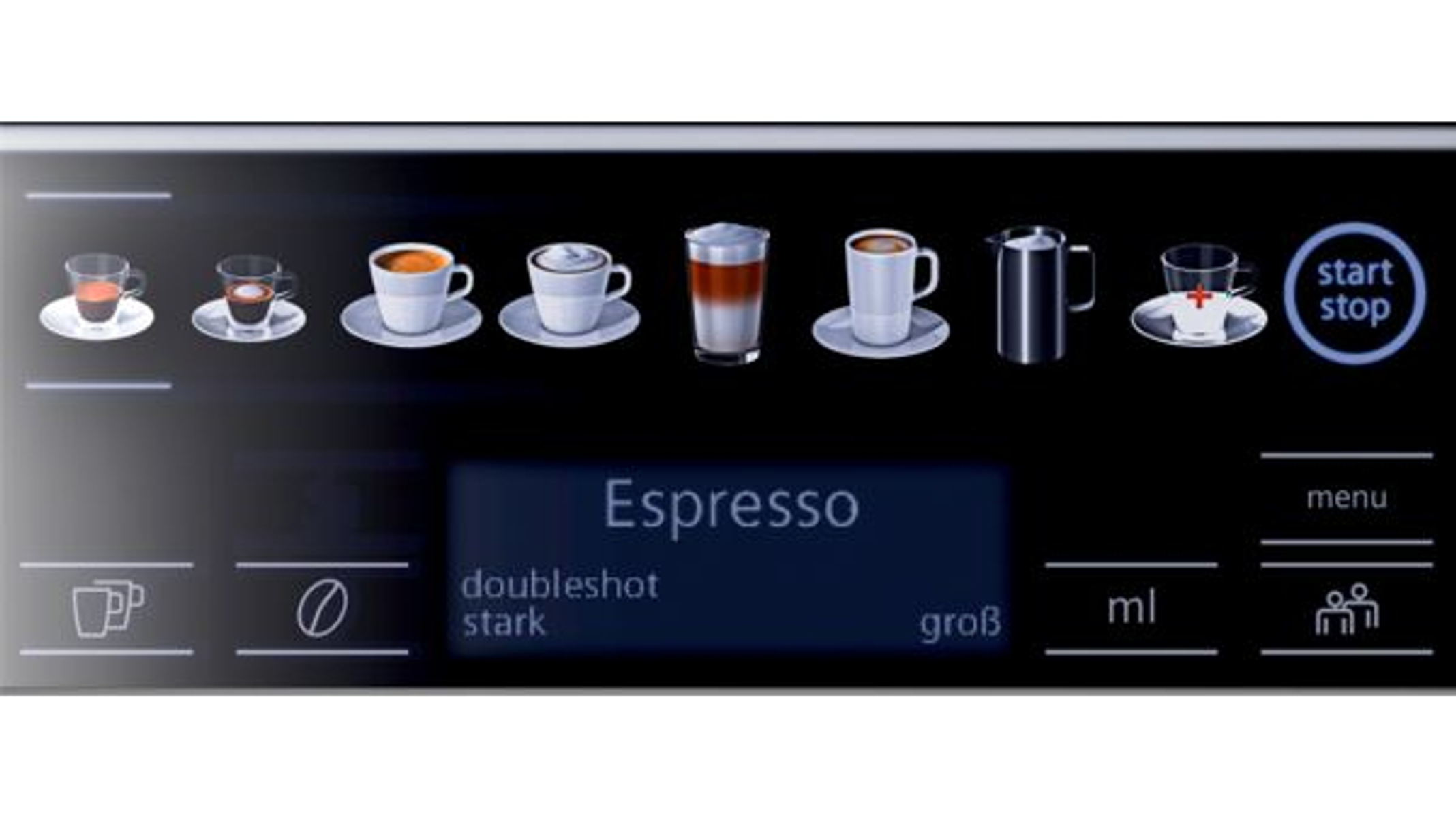 Coffee machine panel with various coffee icons and a display. Black background.