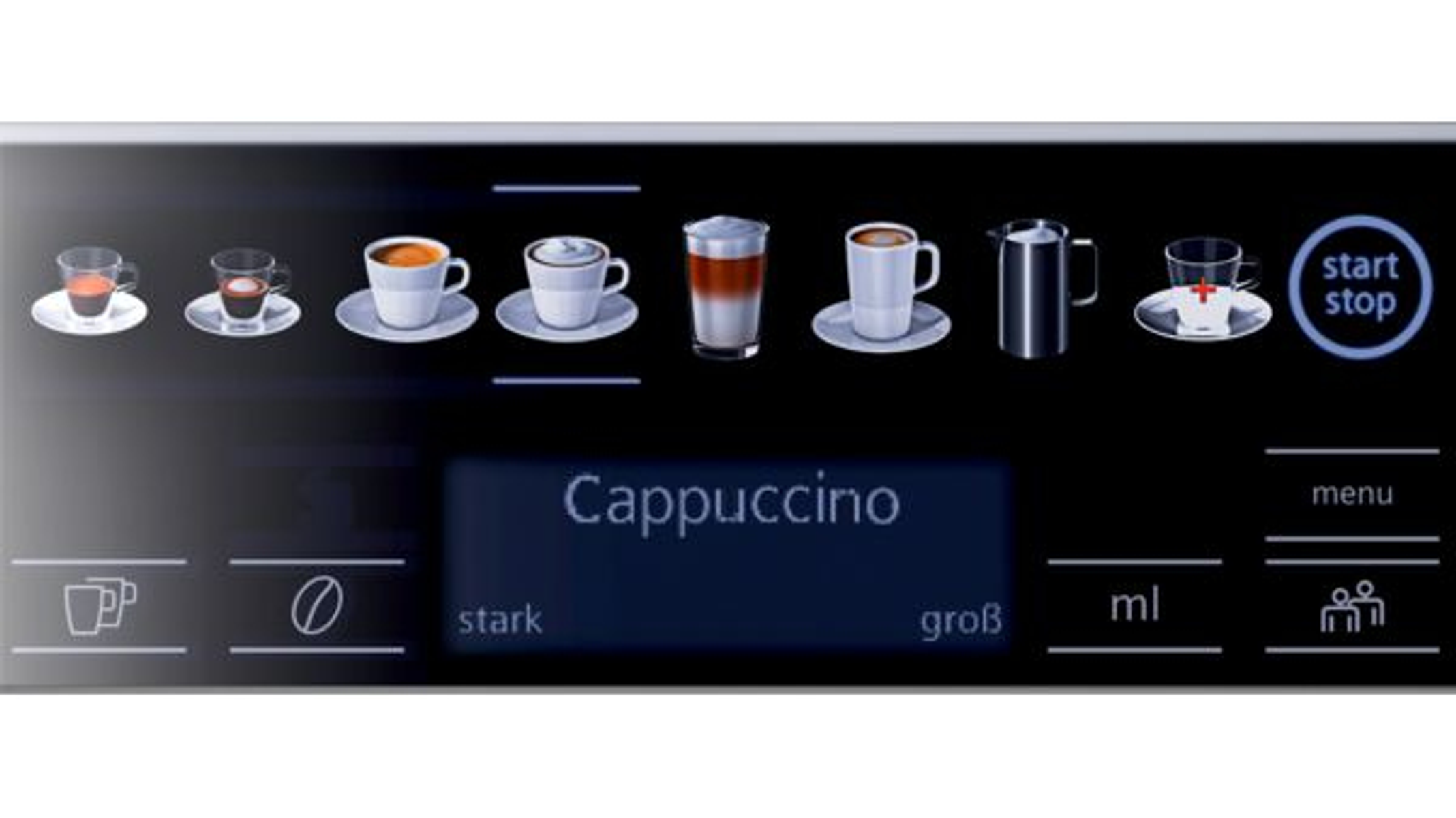 Close-up of a coffee machine's control panel. Displays various coffee drink options with a menu.