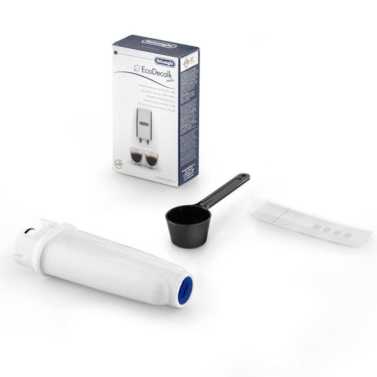 Pudełko De'Longhi EcoDecalk mini, filtr, miarka na białym tle.