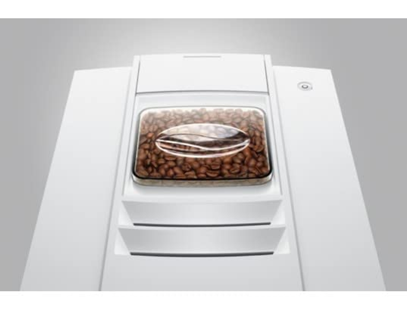 Pojemnik na ziarna kawy ekspresu do kawy, przezroczysty, z brązowymi ziarnami w środku, biała maszyna.