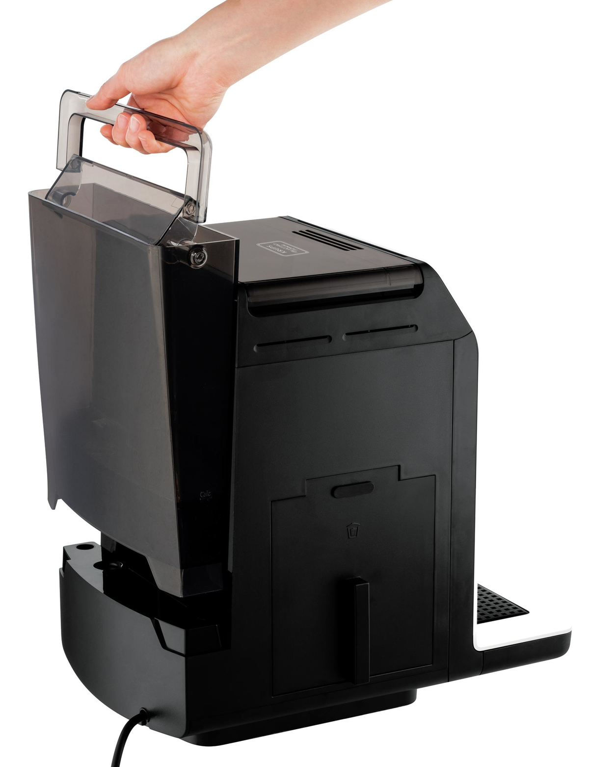 Panel sterowania czarnego ekspresu do kawy. Posiada kilka przycisków z tekstem i ikonami.