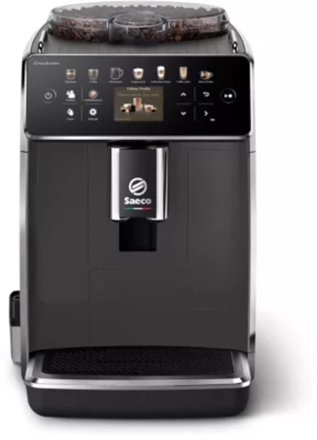 Schwarze und silberne Espressomaschine mit Touchscreen-Oberfläche, mit Kaffeebohnen oben drauf.