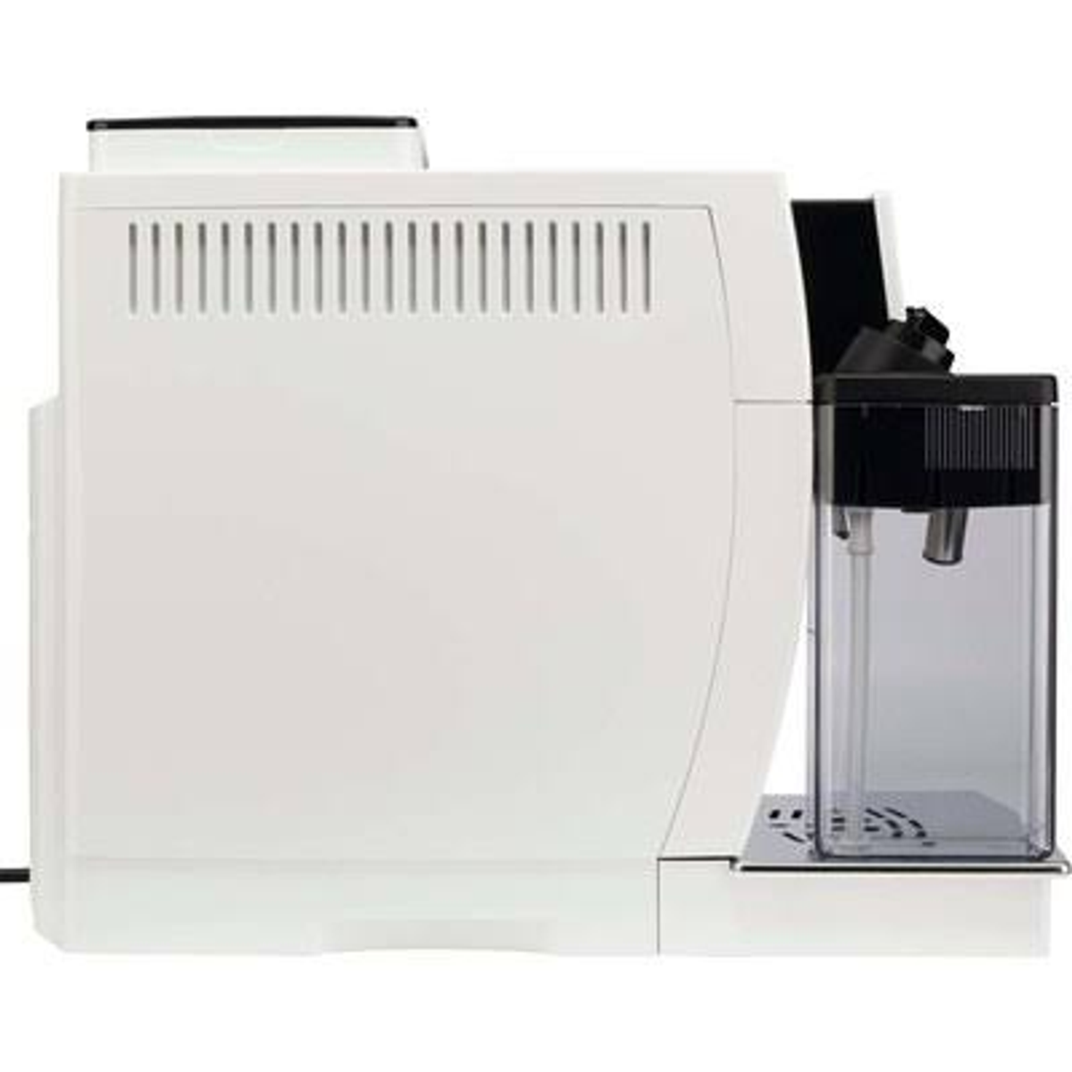 Máquina de espresso blanca, vista lateral. Tiene un depósito de agua y ventilaciones, sobre fondo blanco.