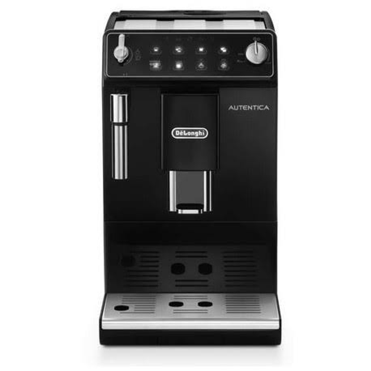 Máquina de espresso negra con pantalla digital, botones y acabado metálico.