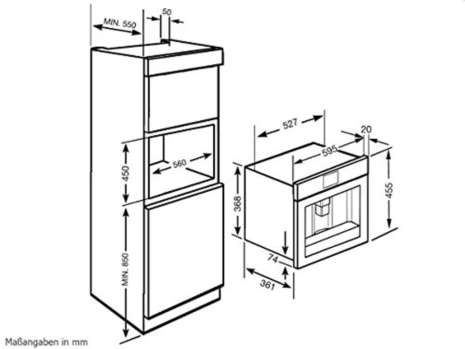 Dibujo técnico de una cafetera empotrada, que muestra dimensiones y detalles de instalación.