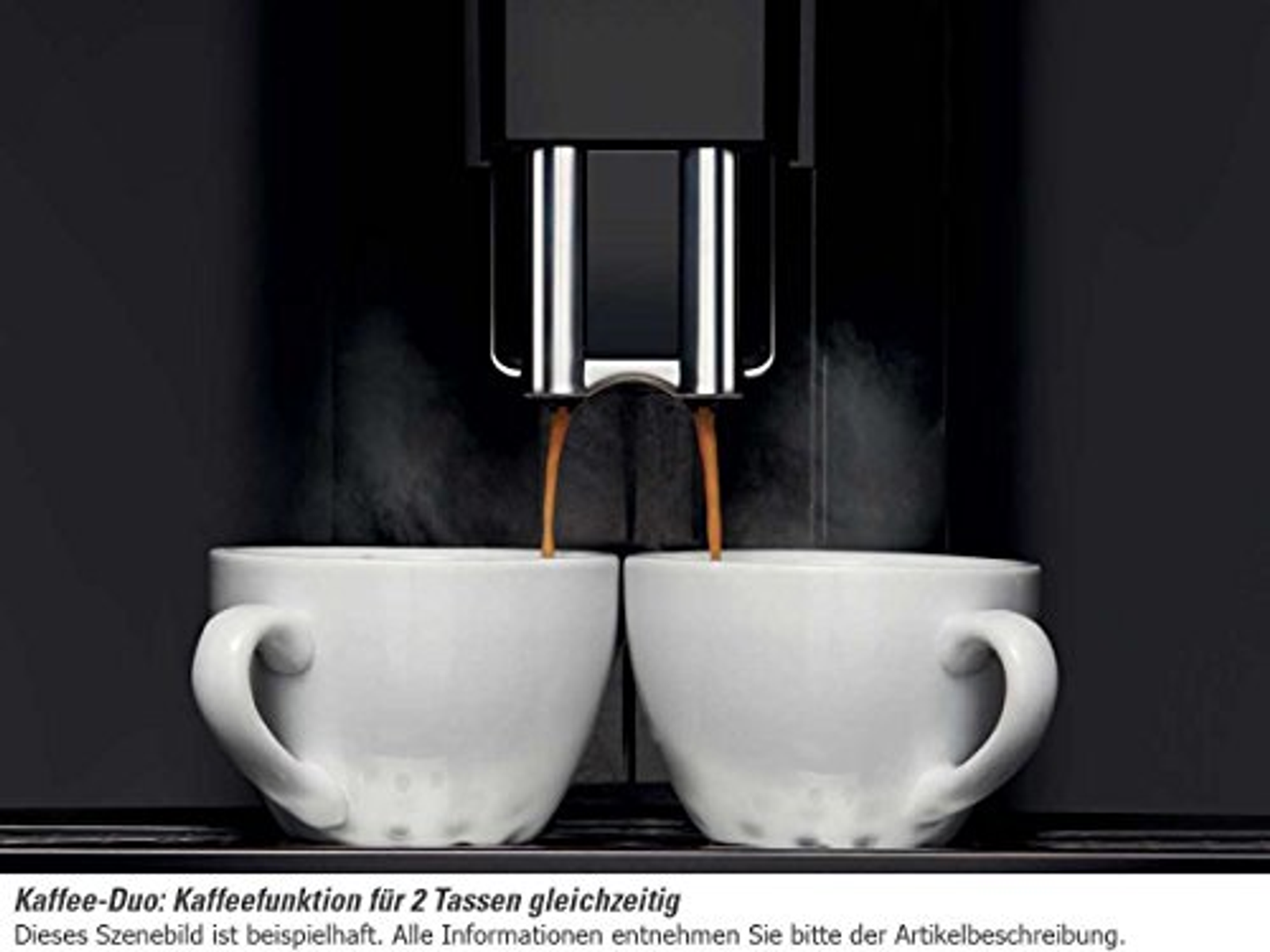 Máquina de espresso vertiendo café en dos tazas blancas.