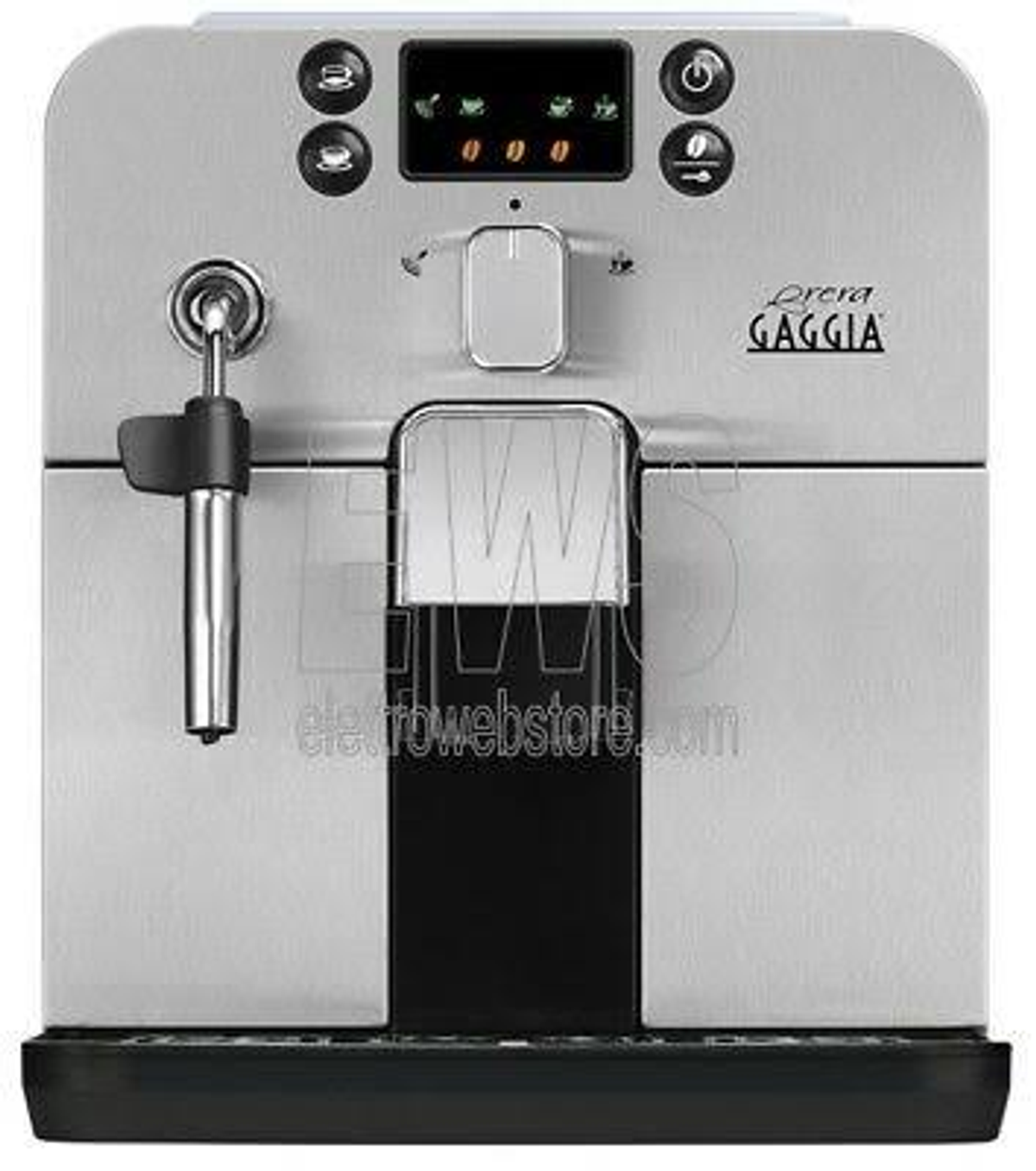 Una macchina da caffè Gaggia argento e nera con pulsanti e display, vista frontale.