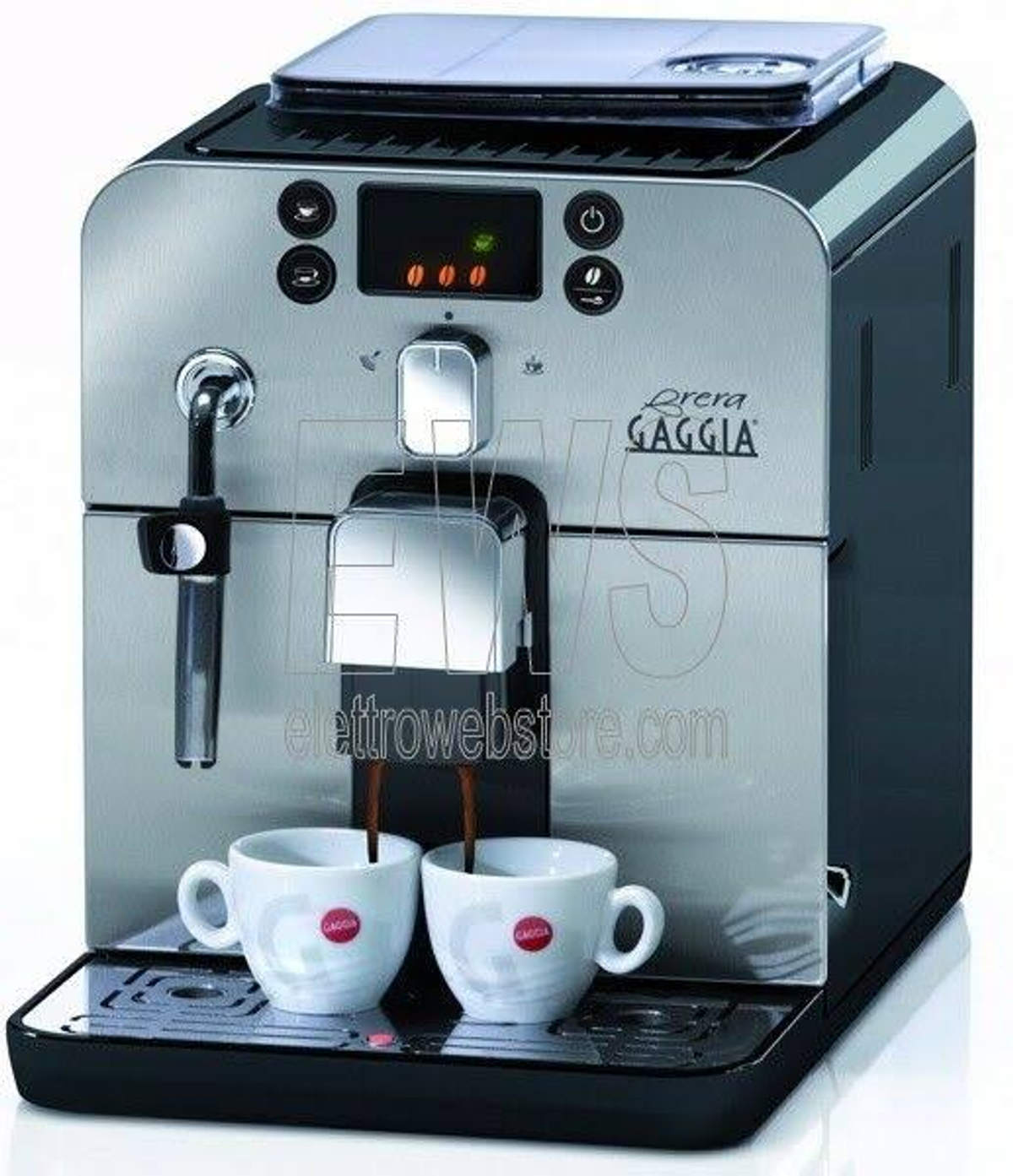 Macchina da caffè argentata con due tazze che si riempiono di caffè. Logo Gaggia visibile.