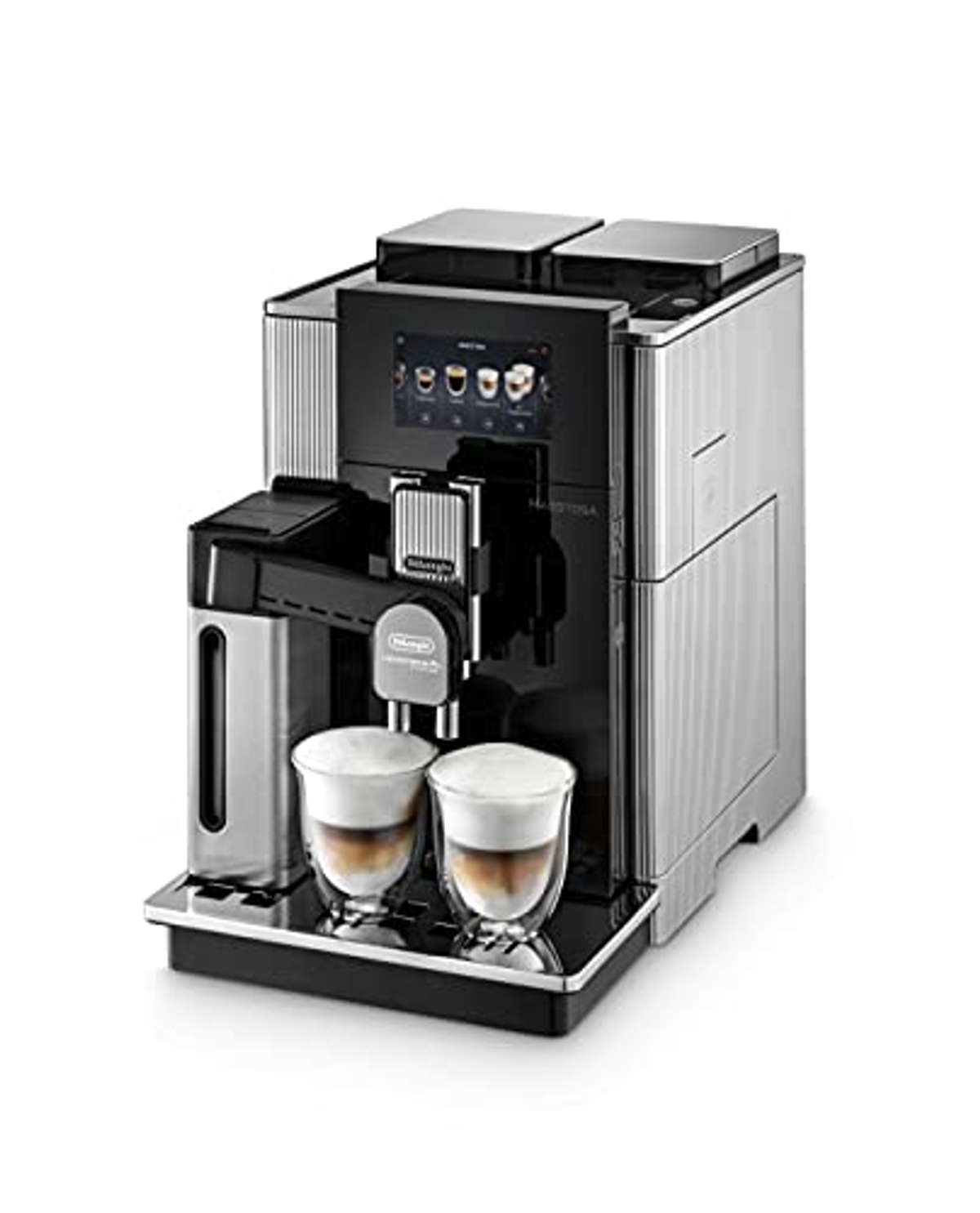 Silber-schwarze Kaffeemaschine mit zwei Kaffeetassen auf weißem Hintergrund.