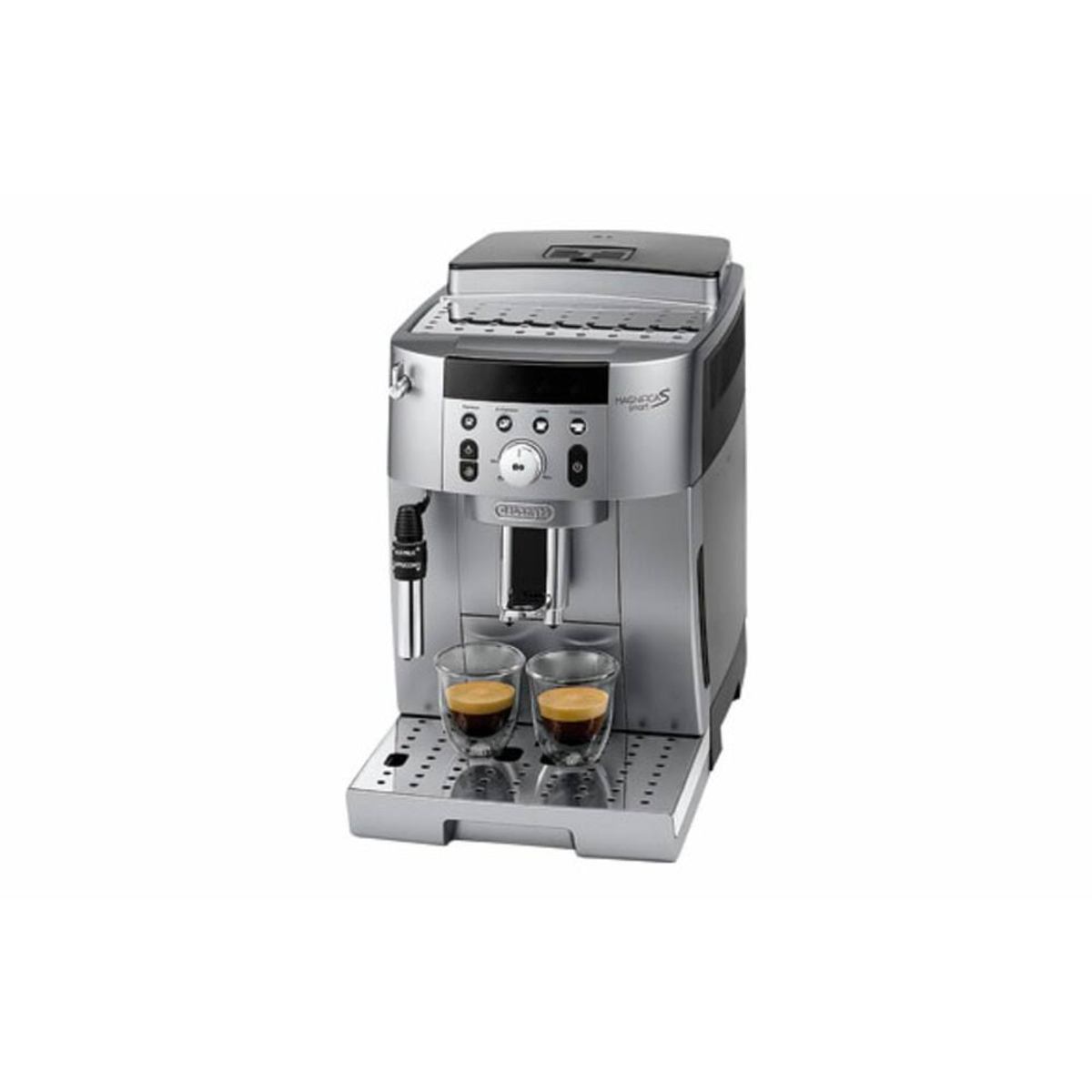 Srebrny ekspres do espresso z dwoma filiżankami na ociekaczu. Ma przyciski i wyświetlacz.