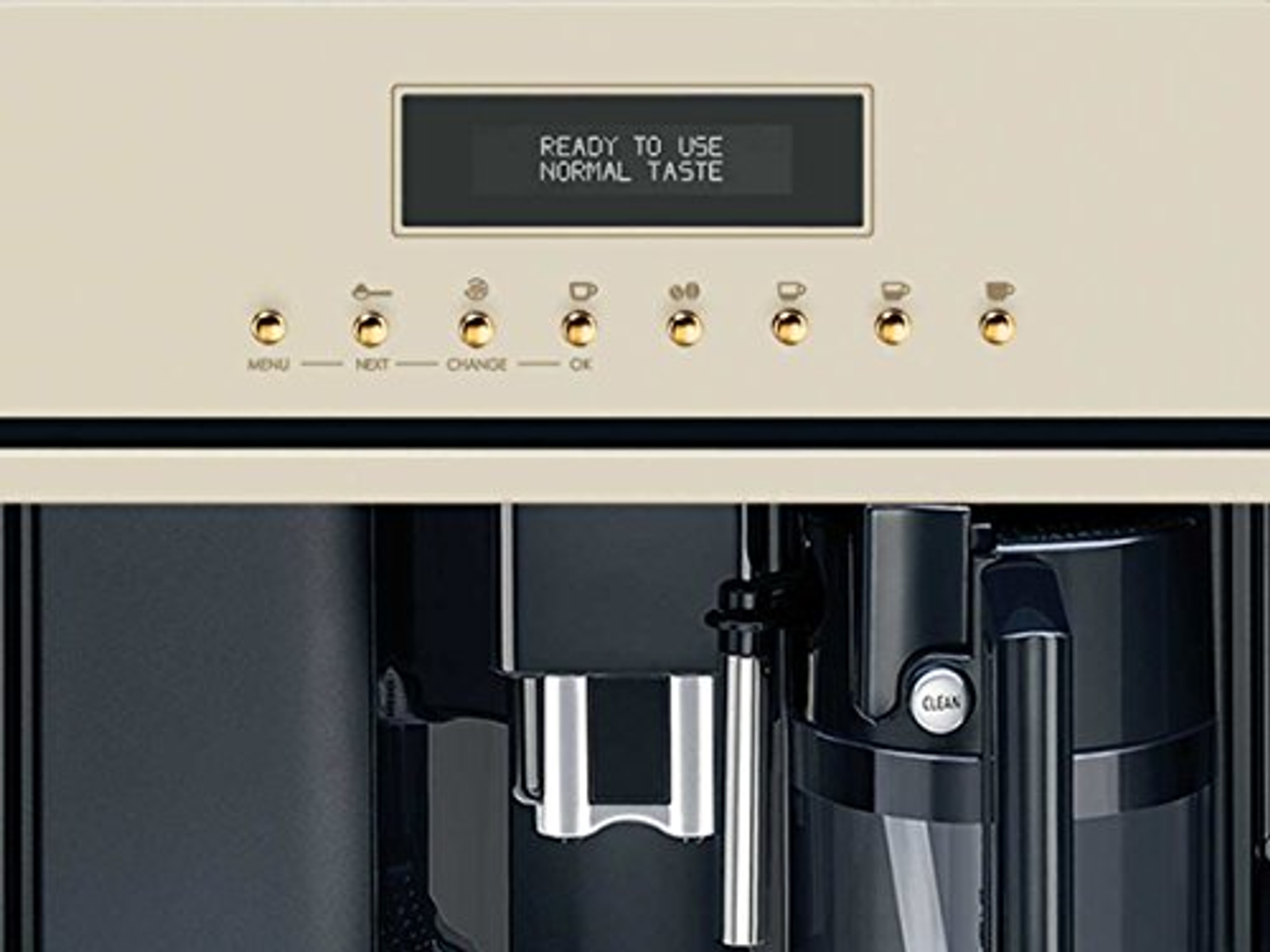 Primer plano de la pantalla beige de una cafetera que muestra 'READY TO USE'. Botones abajo.