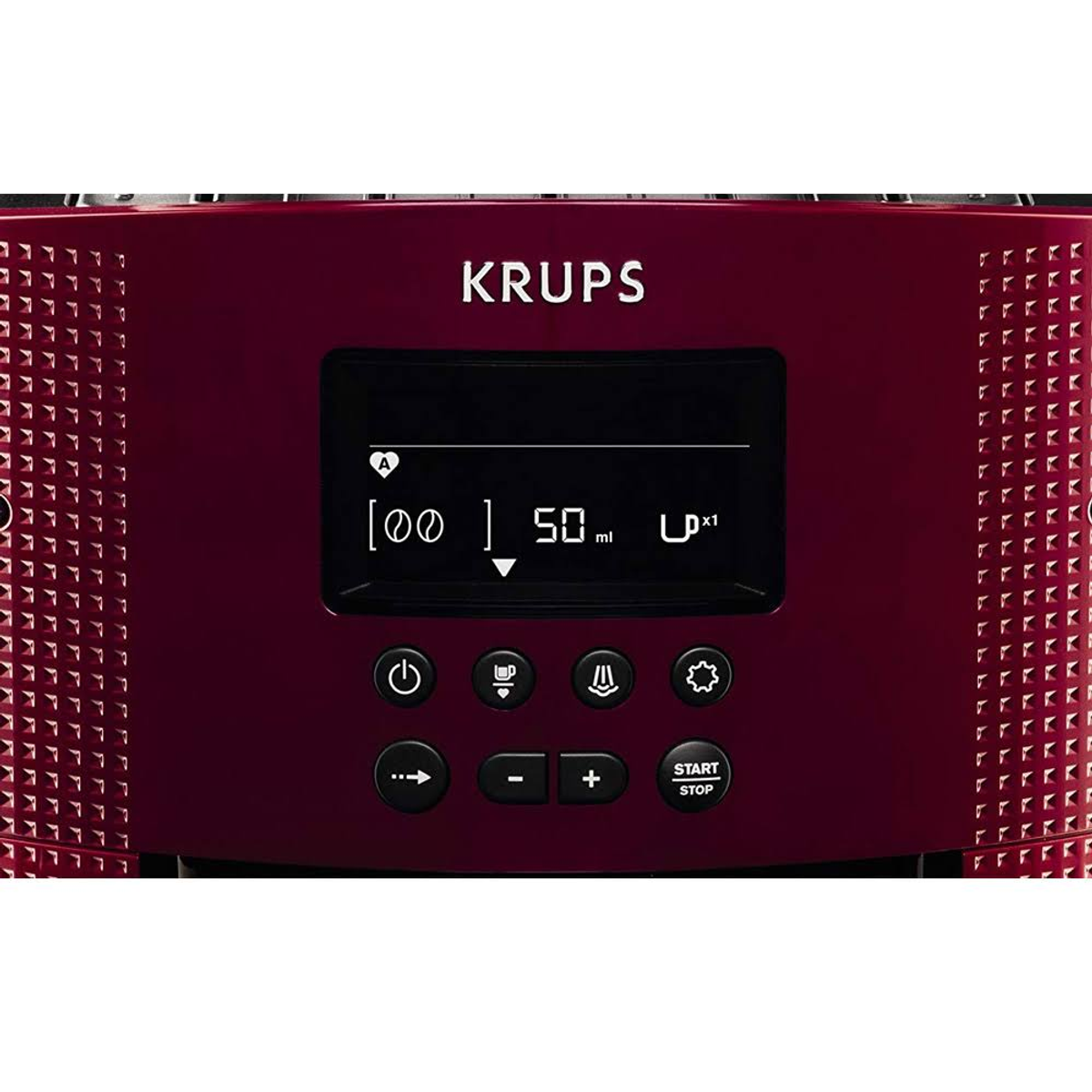 Zbliżenie na panel sterowania czerwonego ekspresu do kawy Krups.