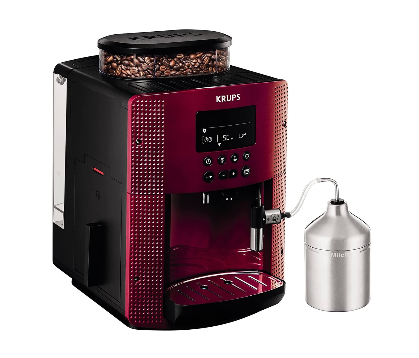 Czerwono-czarny ekspres do kawy z pojemnikiem na ziarna kawy i pojemnikiem na mleko.