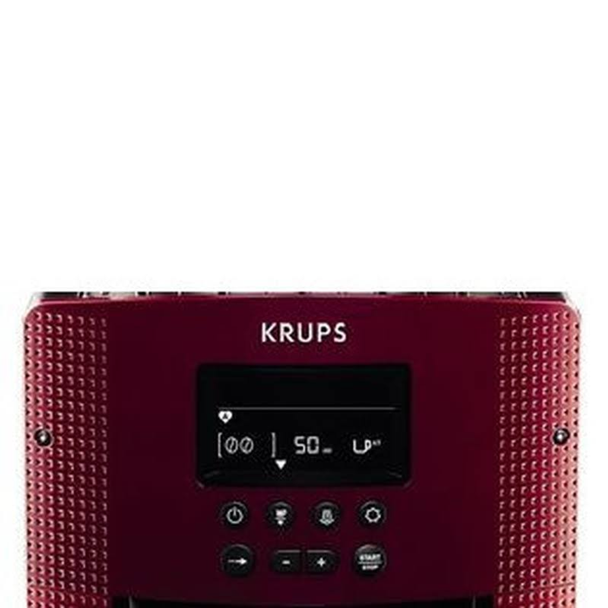 Ekspres do kawy Krups z czerwonym panelem przednim i wyświetlaczem.